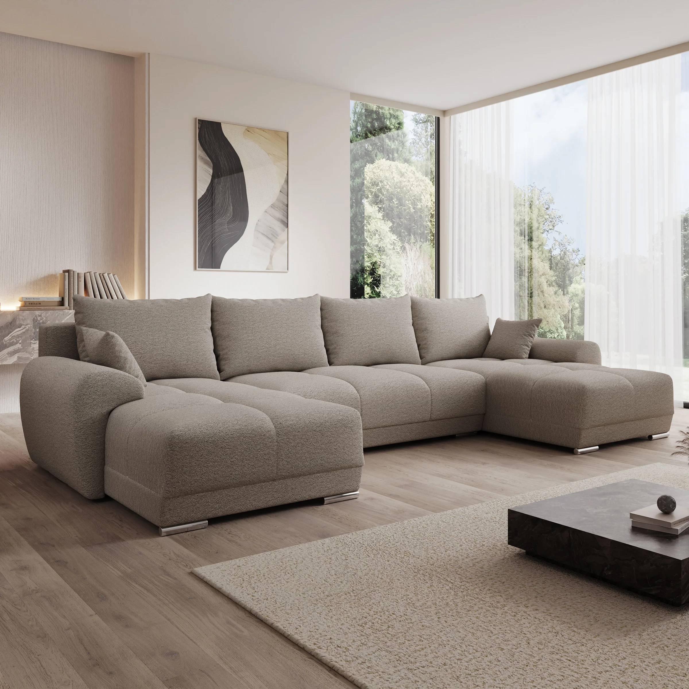 Layana U - Hoekbank 4-zits met chaise longue - Stof beige - Universeel