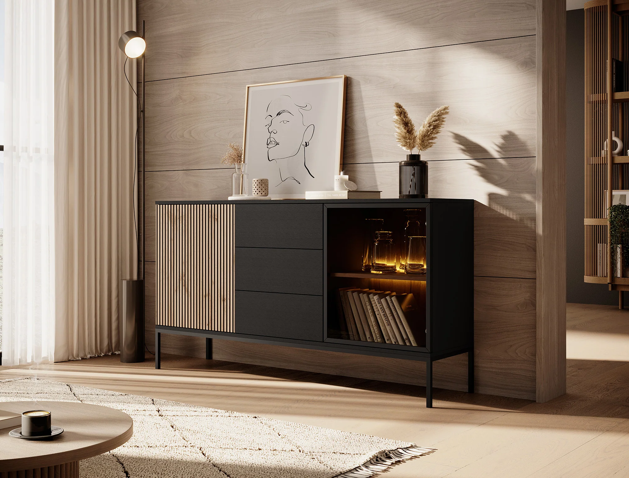 Legend 2 - Dressoir - Zwart/eiken - 154x39x83 cm