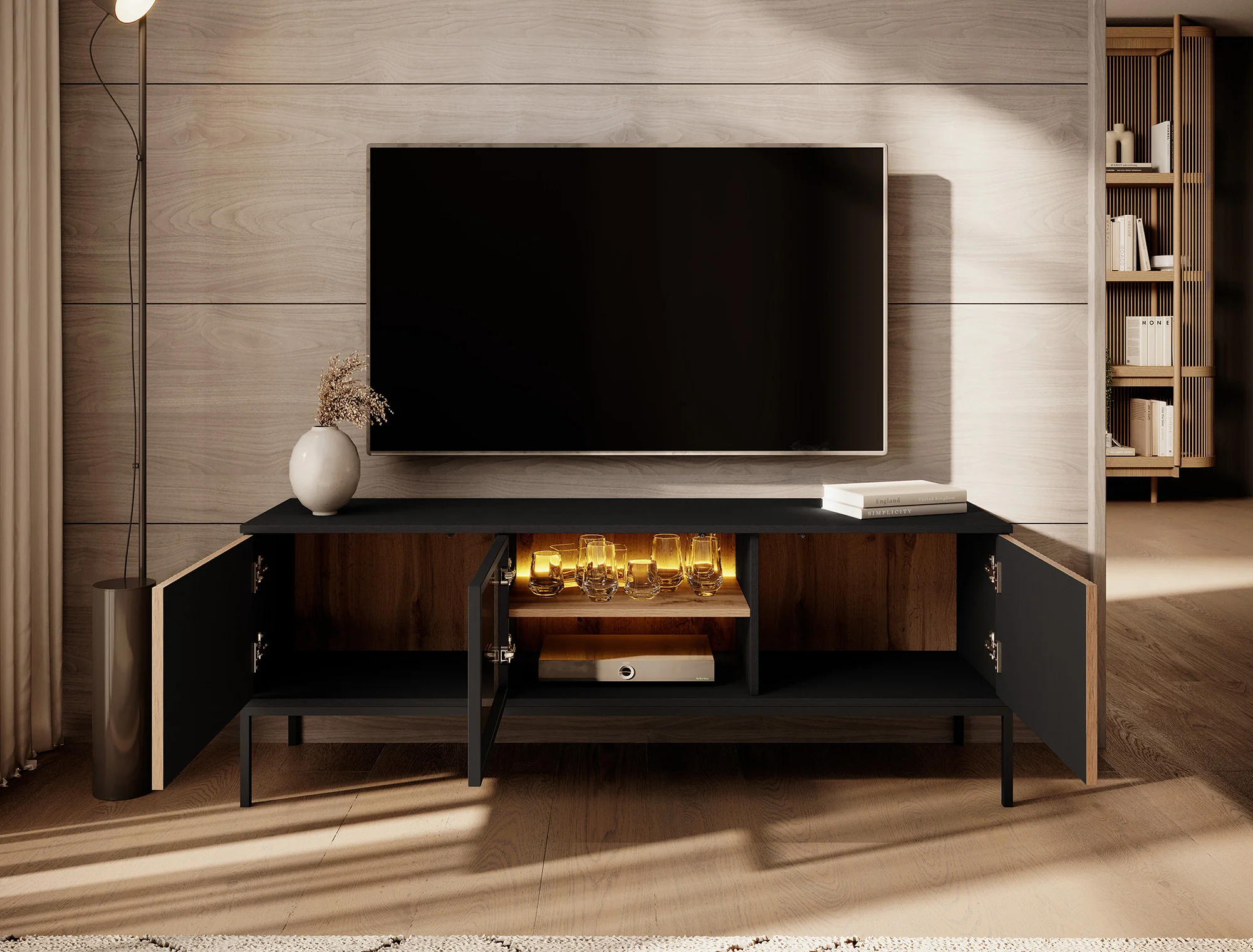 Legend - TV-Meubel met 3 deuren - Mat zwart/eiken - 154 cm - Image 3