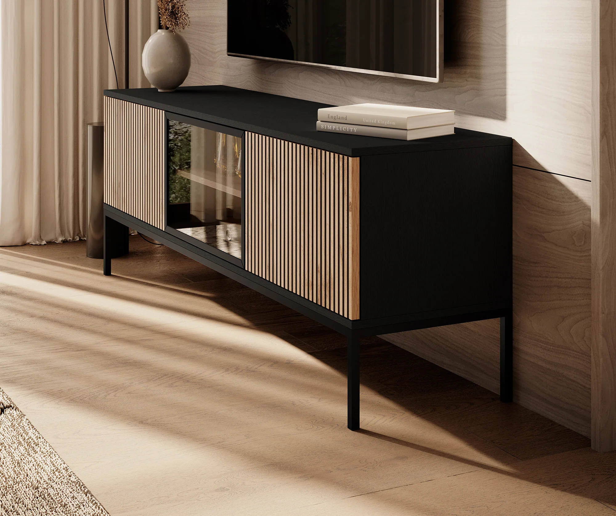 Legend - TV-Meubel met 3 deuren - Mat zwart/eiken - 154 cm - Image 4