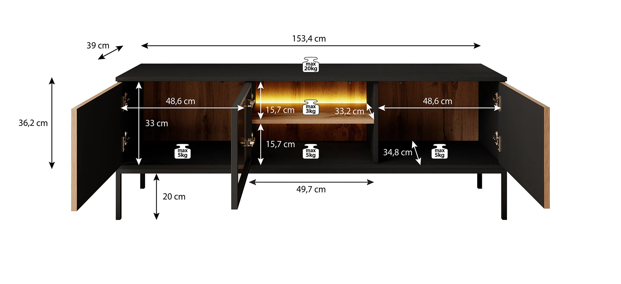 Legend - TV-Meubel met 3 deuren - Mat zwart/eiken - 154 cm - Image 5