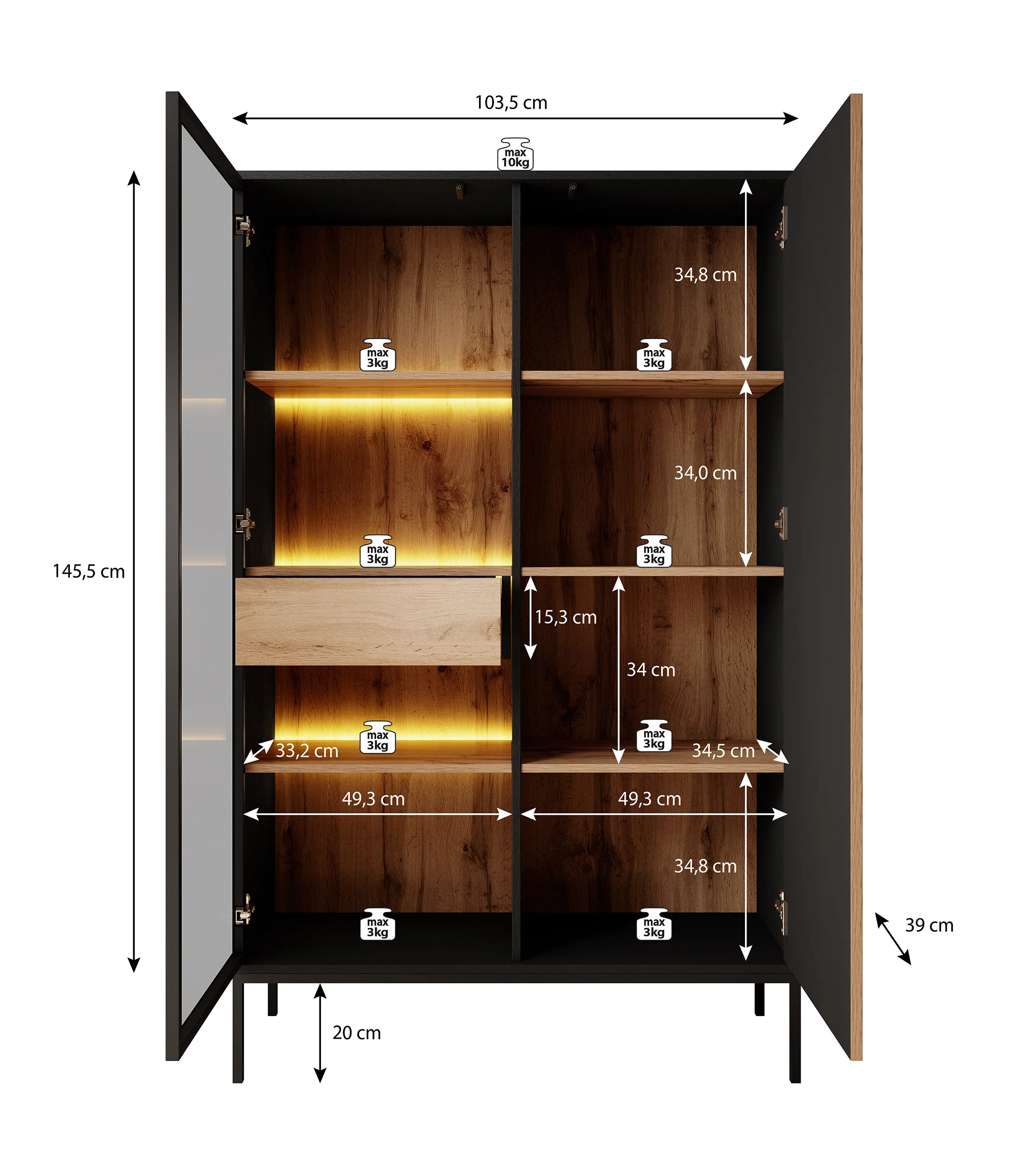 Legend - Vitrinekast - Zwart/eiken - 104x39x166 cm - Image 5