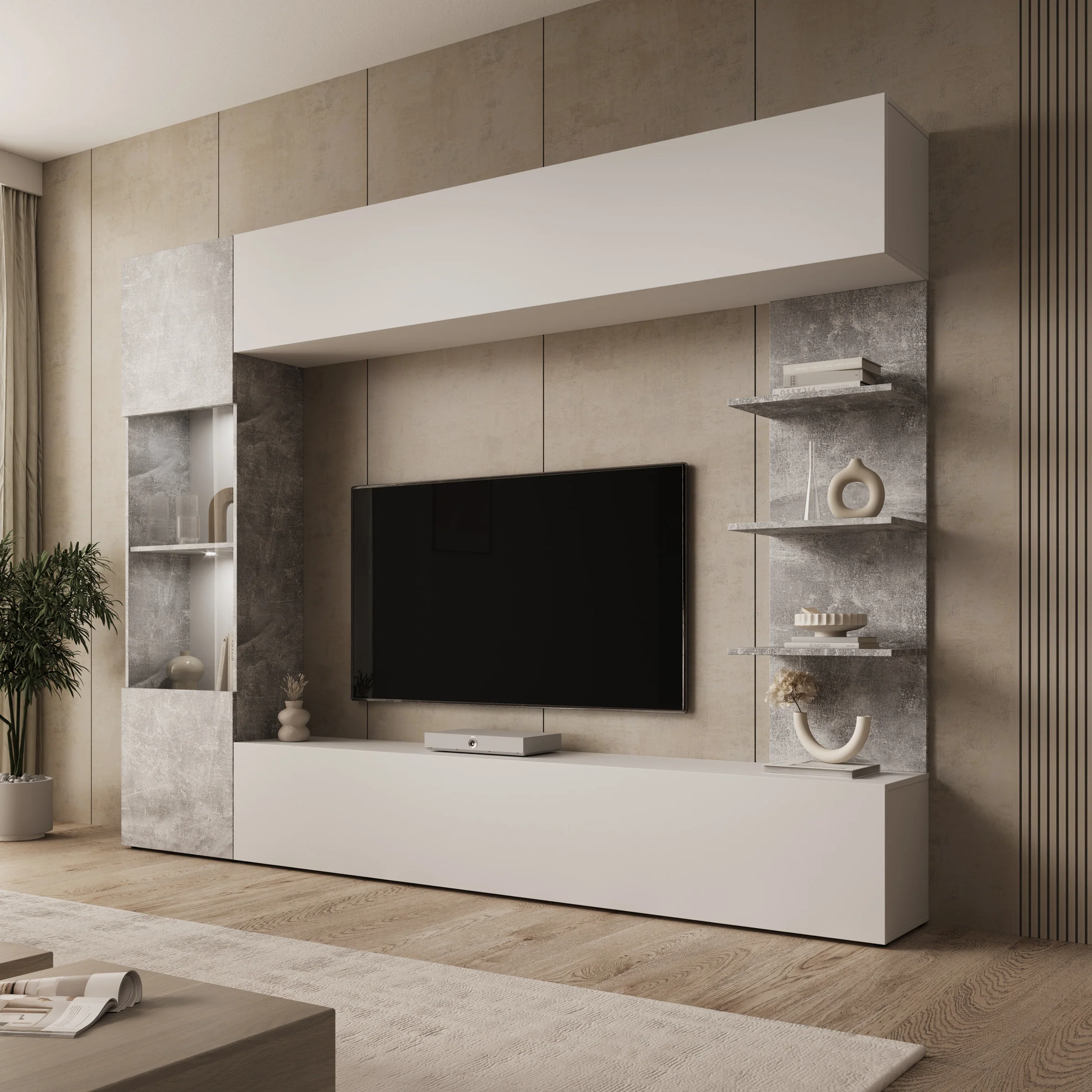 Lomezzo - Wandmeubel met verlichting - Wit/Betonlook - 250x30x187 cm