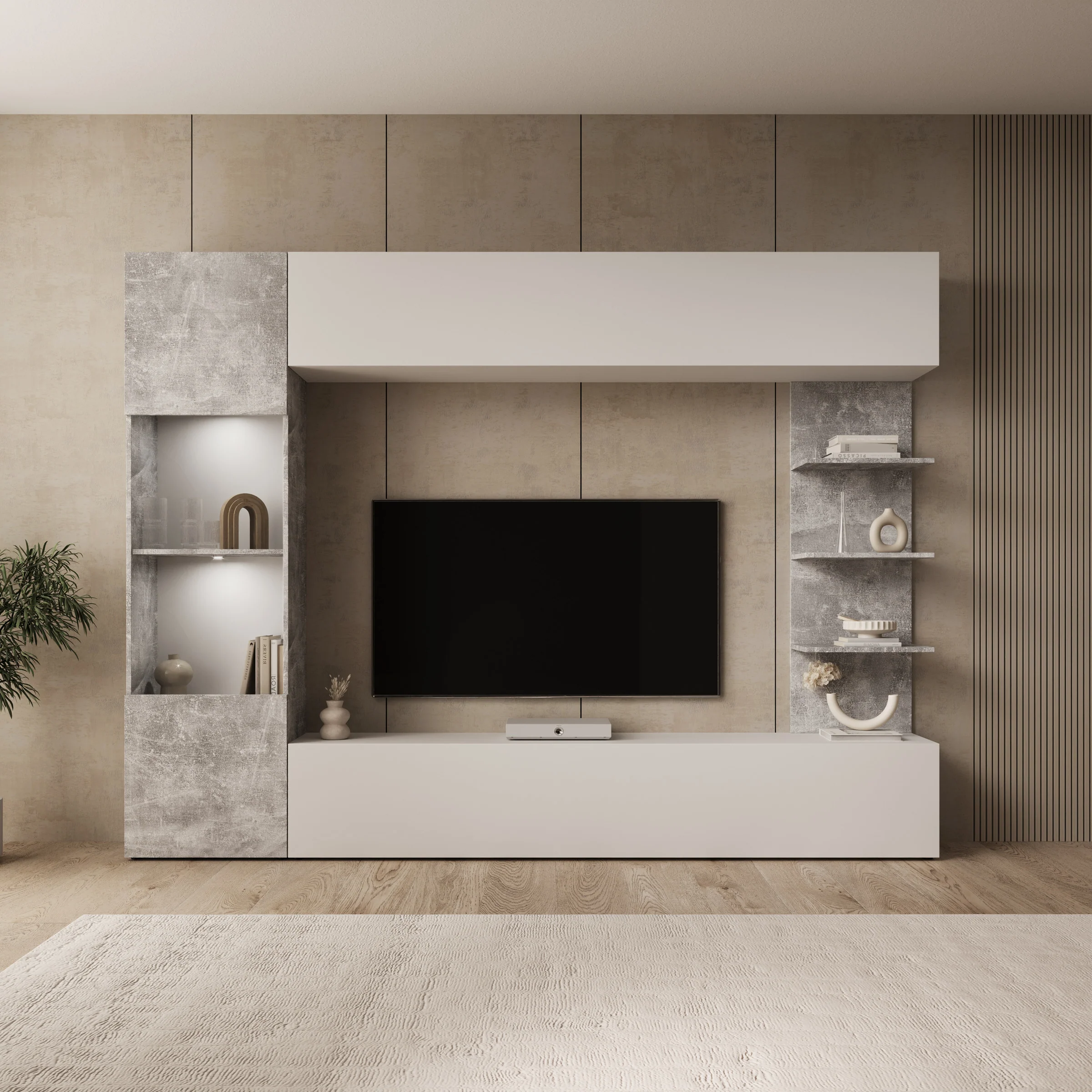 Lomezzo - Wandmeubel met verlichting - Wit/Betonlook - 250x30x187 cm - Image 3