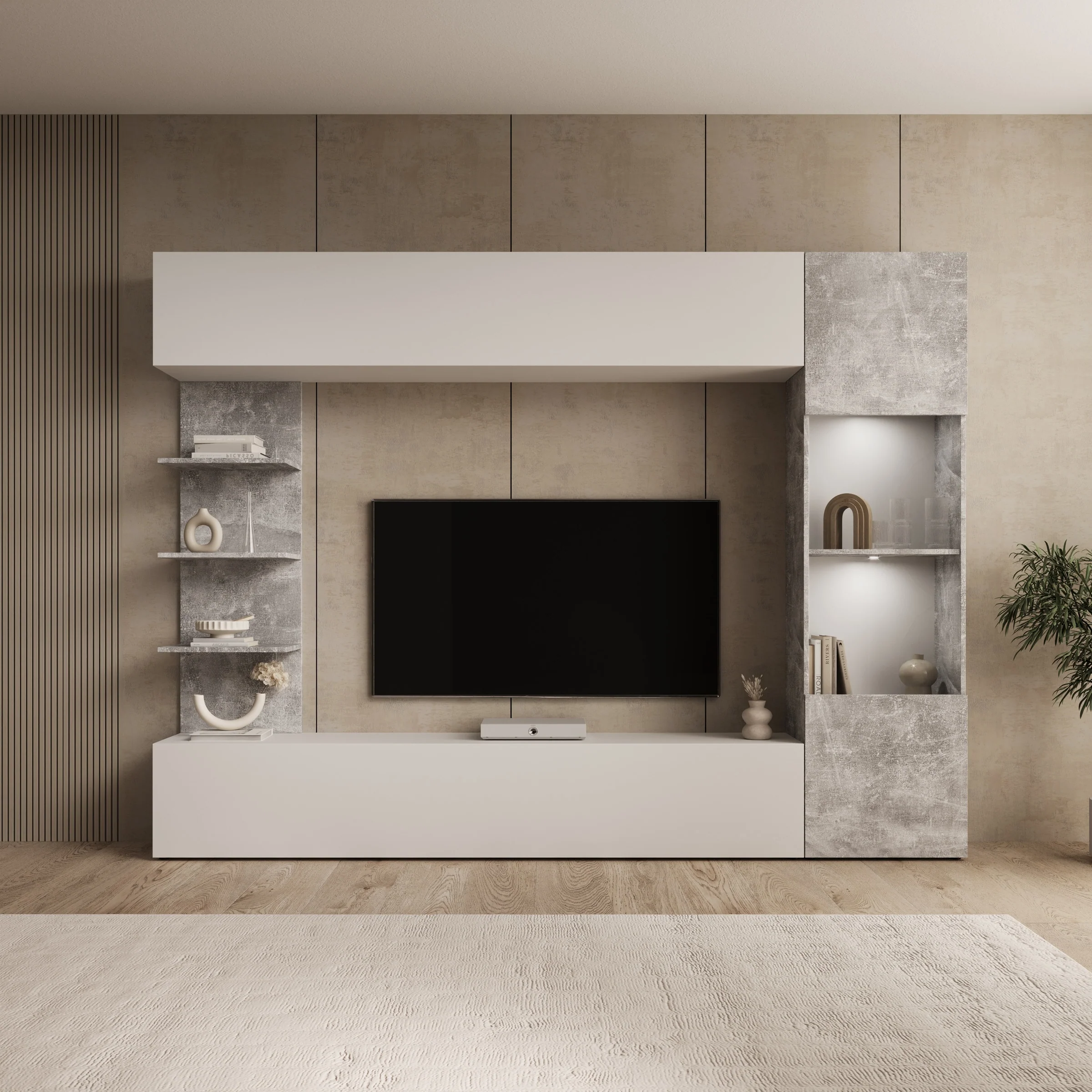 Lomezzo - Wandmeubel met verlichting - Wit/Betonlook - 250x30x187 cm - Image 4