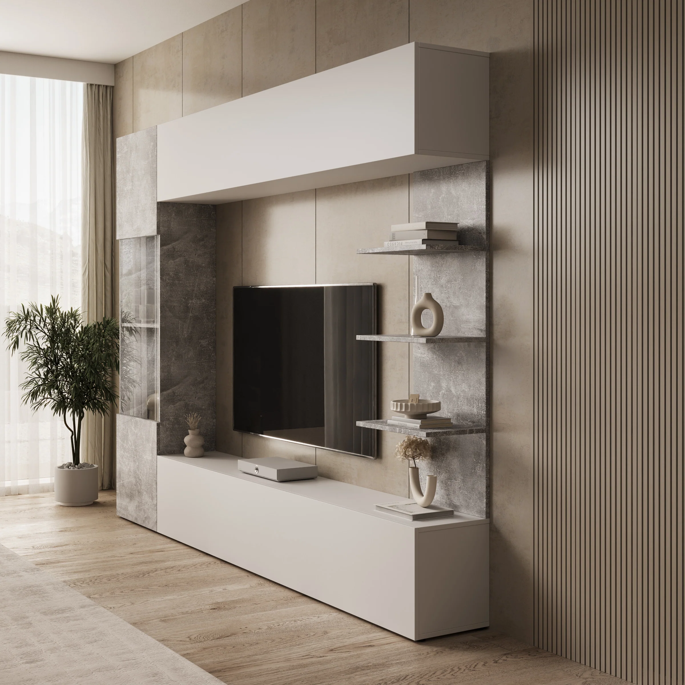 Lomezzo - Wandmeubel met verlichting - Wit/Betonlook - 250x30x187 cm - Image 5