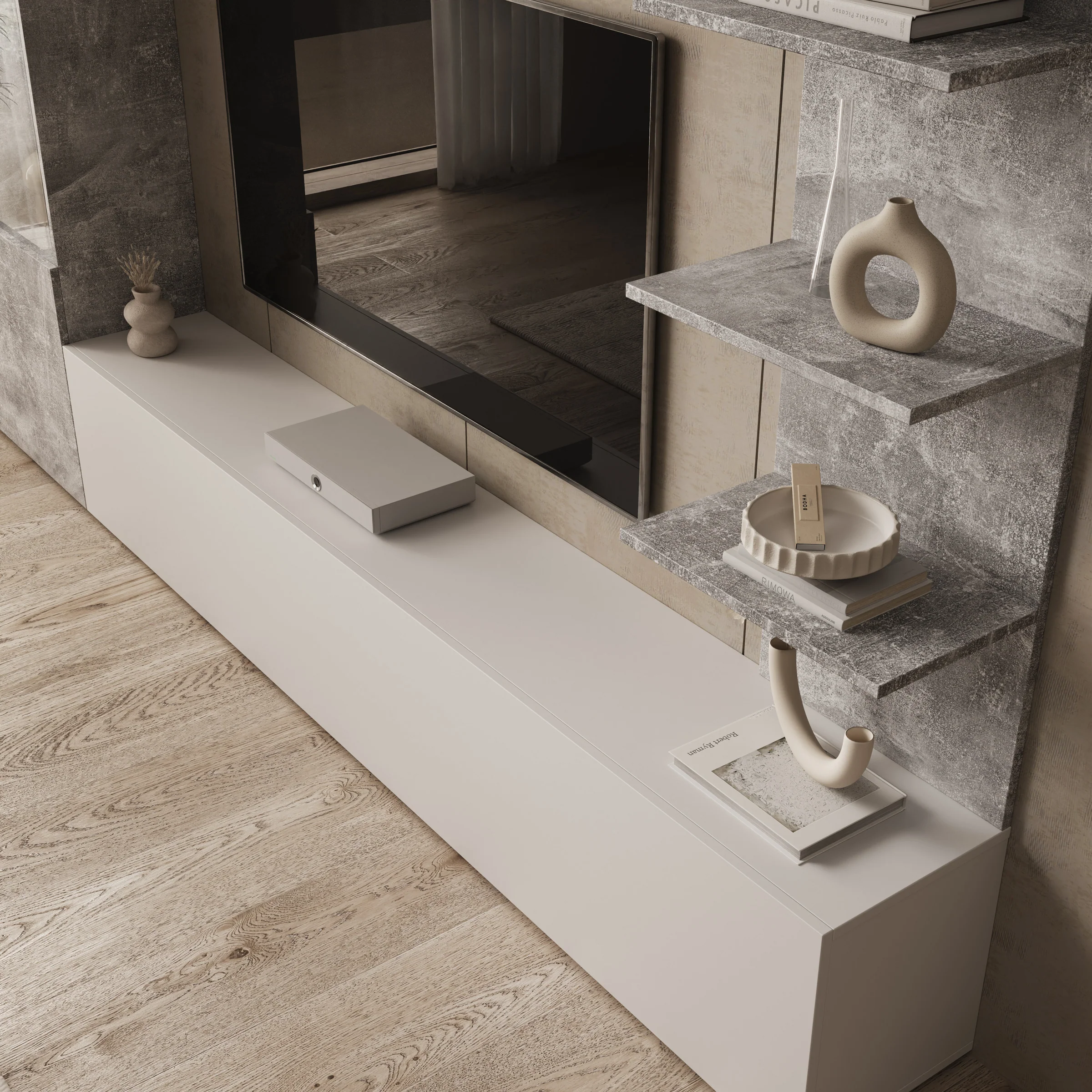Lomezzo - Wandmeubel met verlichting - Wit/Betonlook - 250x30x187 cm - Image 6
