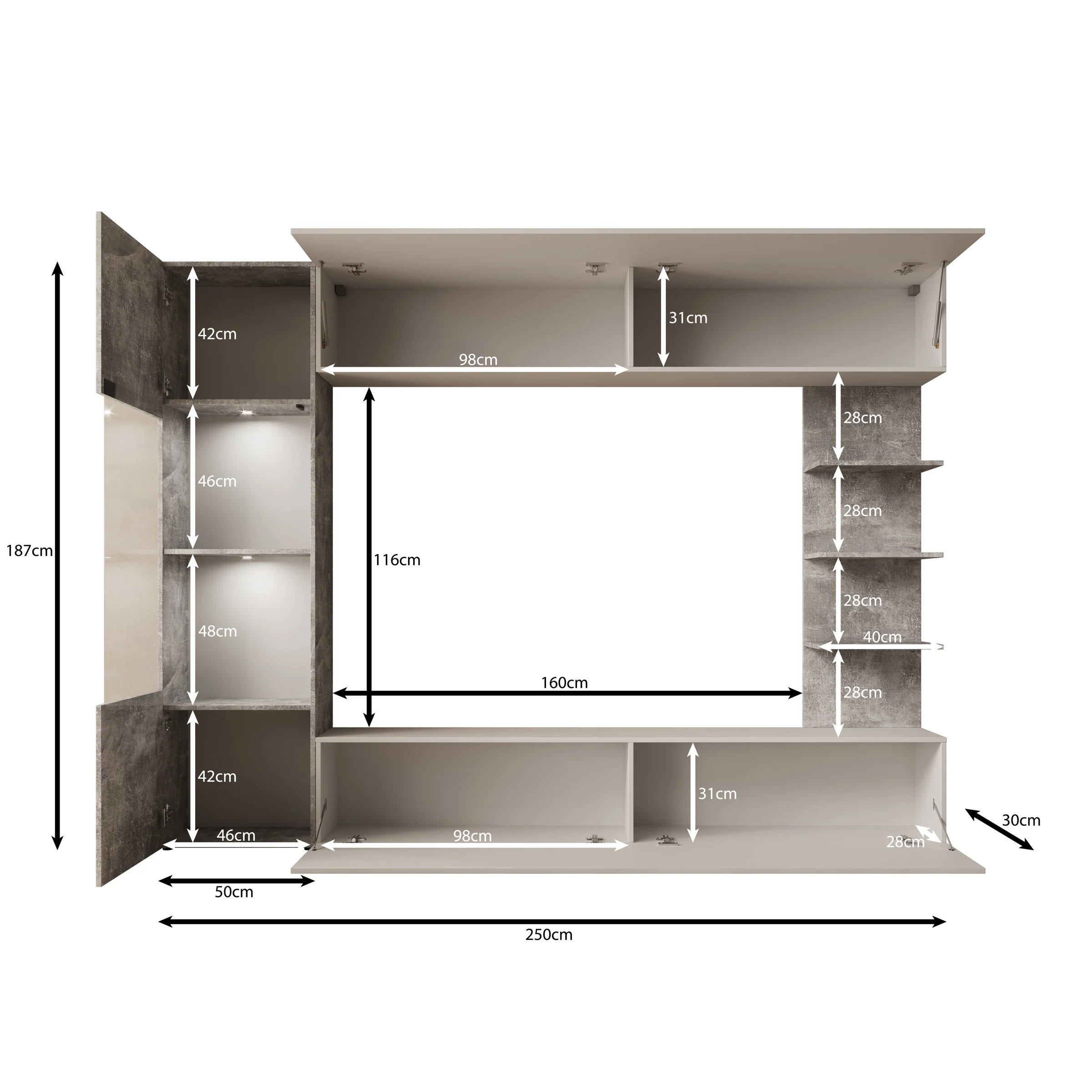 Lomezzo - Wandmeubel met verlichting - Wit/Betonlook - 250x30x187 cm - Image 7