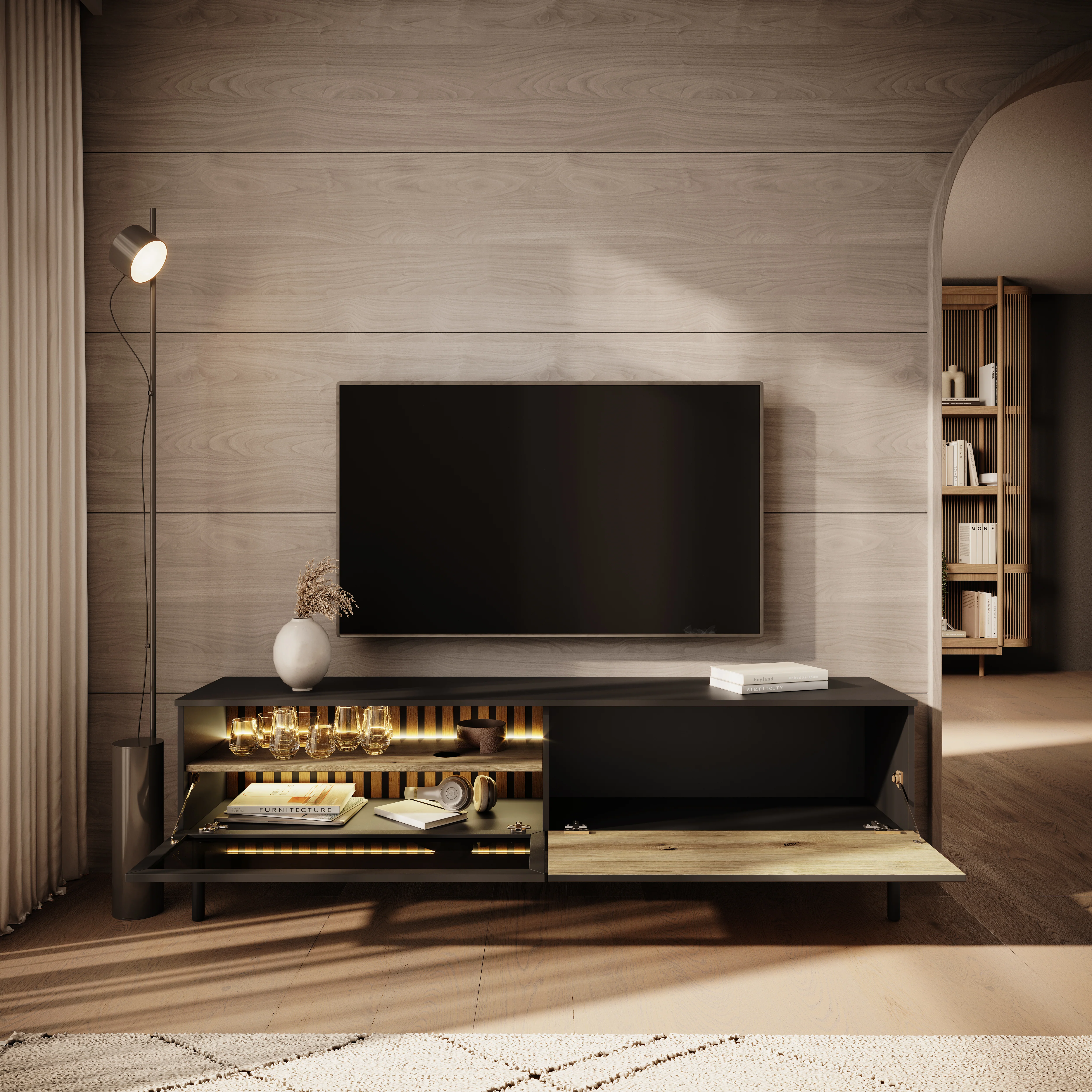 Ludwig - TV-Meubel met verlichting - Zwart/eiken - 180 cm - Image 2