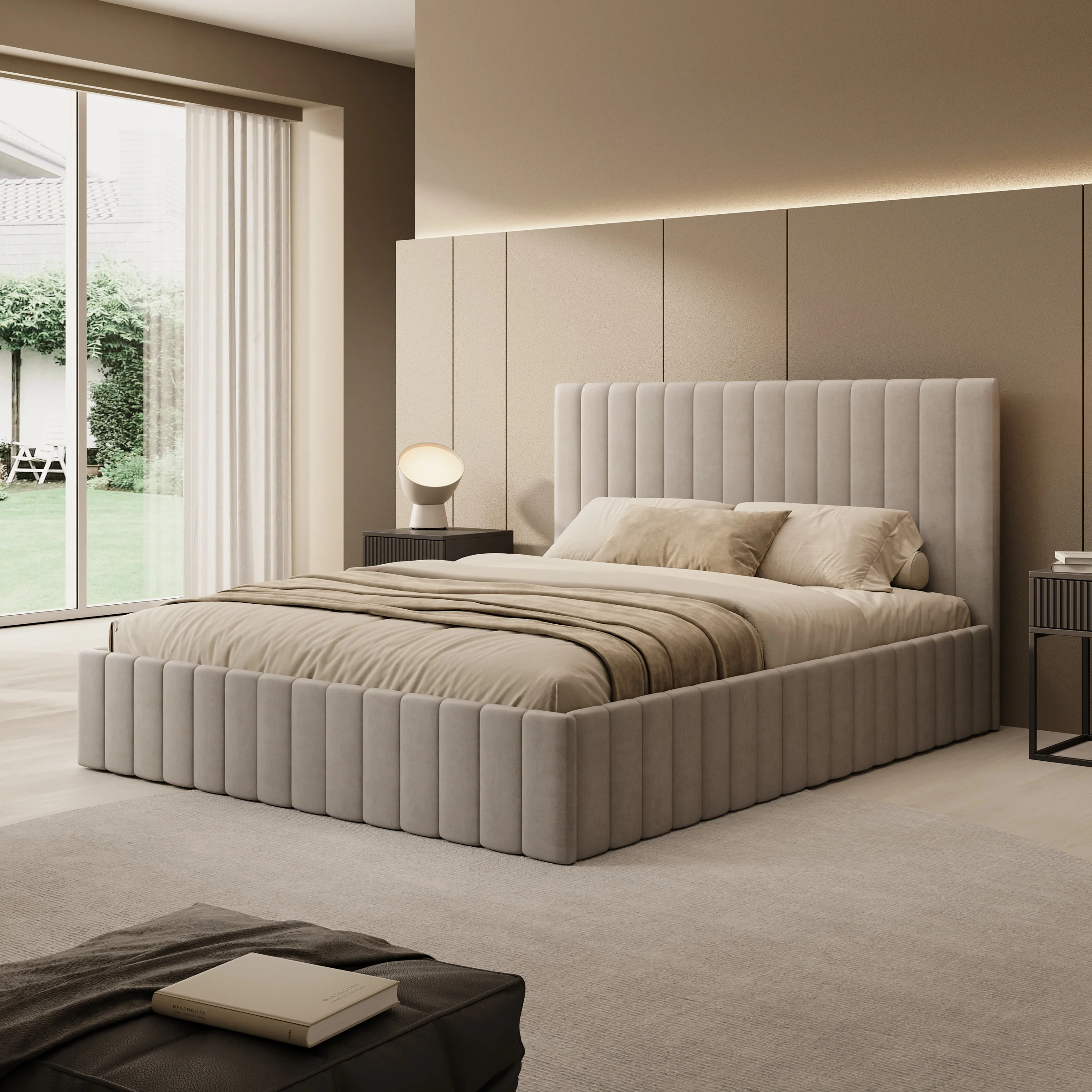 Luz - Tweepersoonsbed met opbergruimte - Beige velvet - 160x200 cm