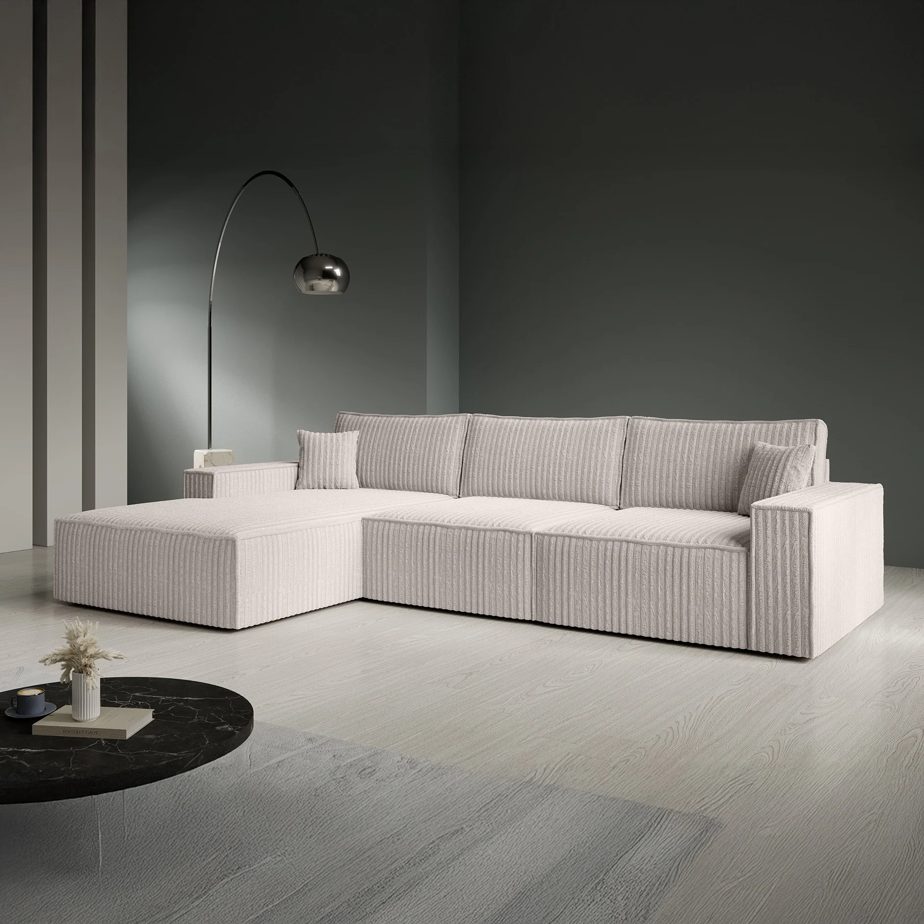Manolo - Hoekbank 3-zits met chaise longue - Ribstof beige - Links