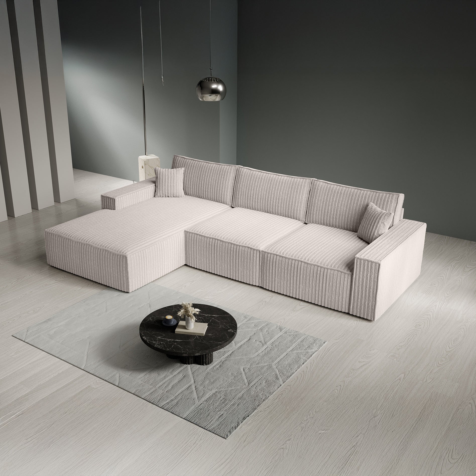 Manolo - Hoekbank 3-zits met chaise longue - Ribstof beige - Links - Image 3