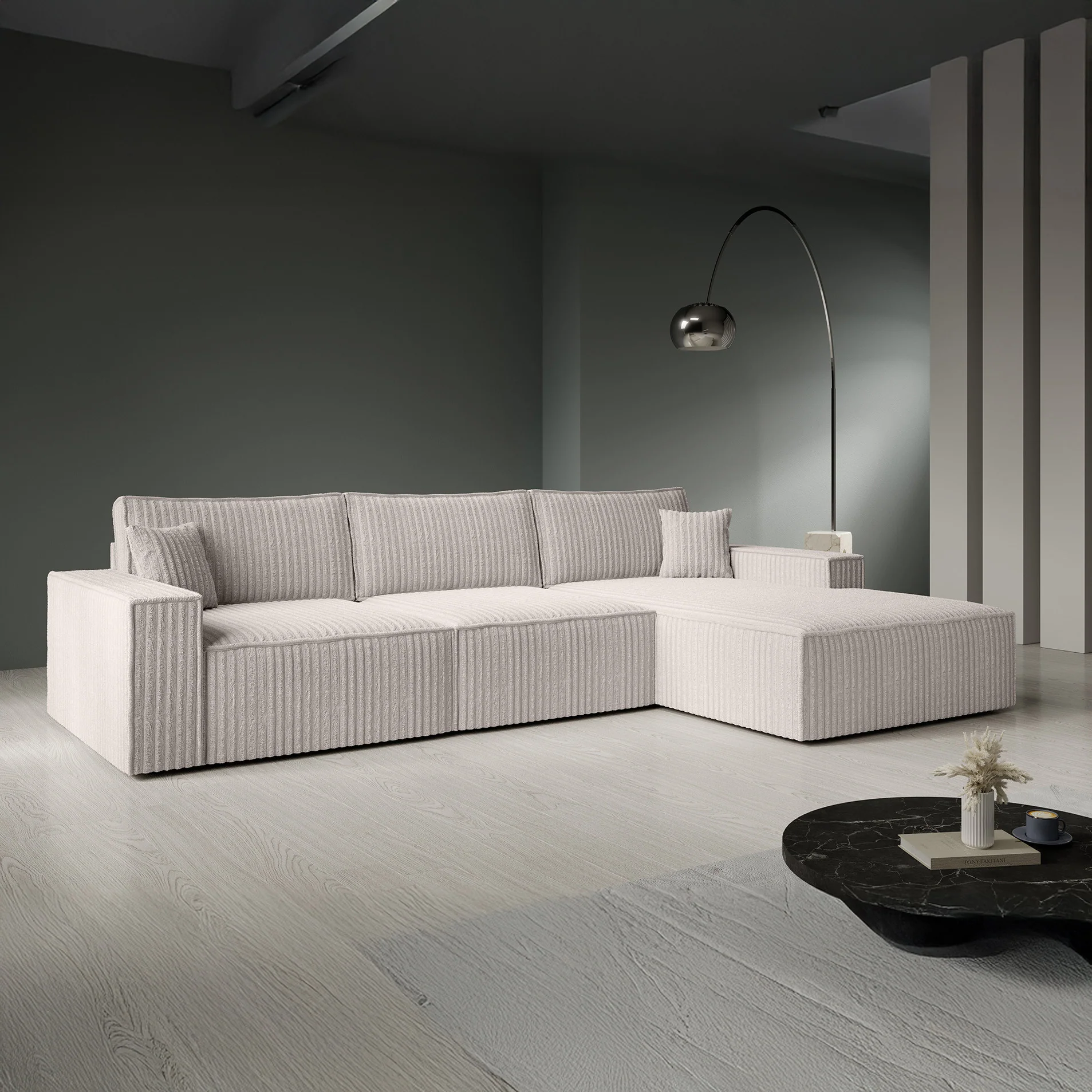 Manolo - Hoekbank 3-zits met chaise longue - Ribstof beige - Rechts