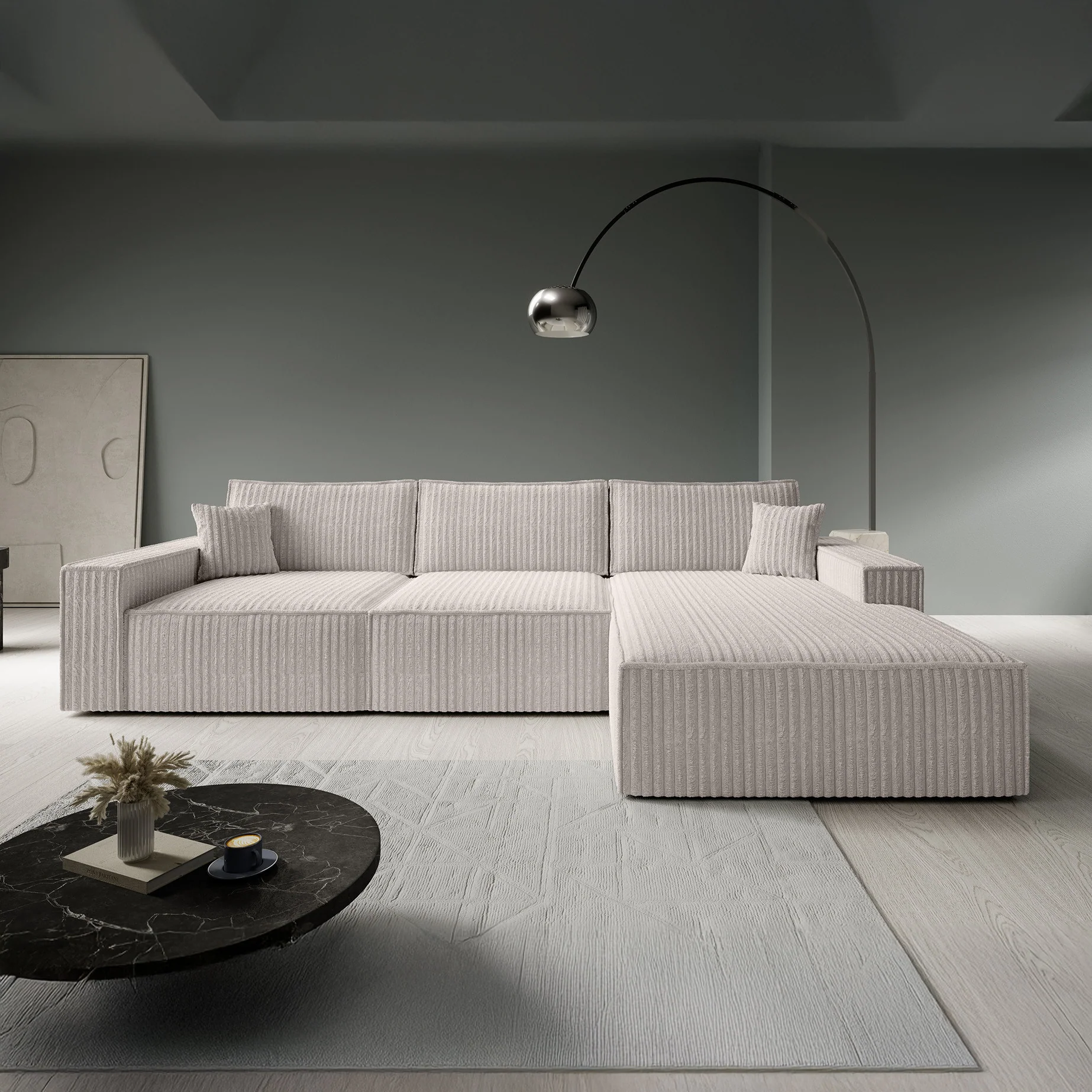 Manolo - Hoekbank 3-zits met chaise longue - Ribstof beige - Rechts - Image 2