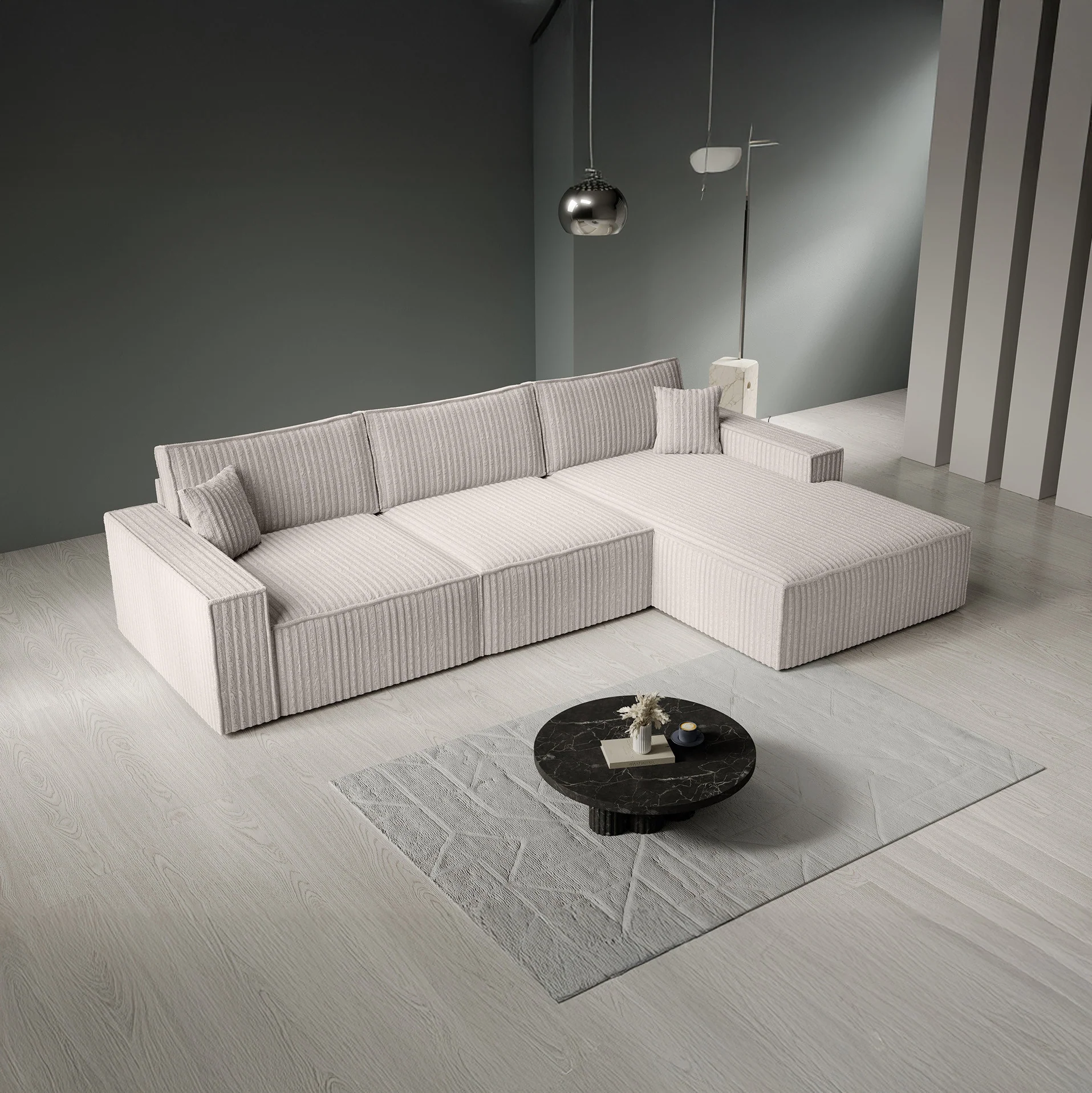 Manolo - Hoekbank 3-zits met chaise longue - Ribstof beige - Rechts - Image 3