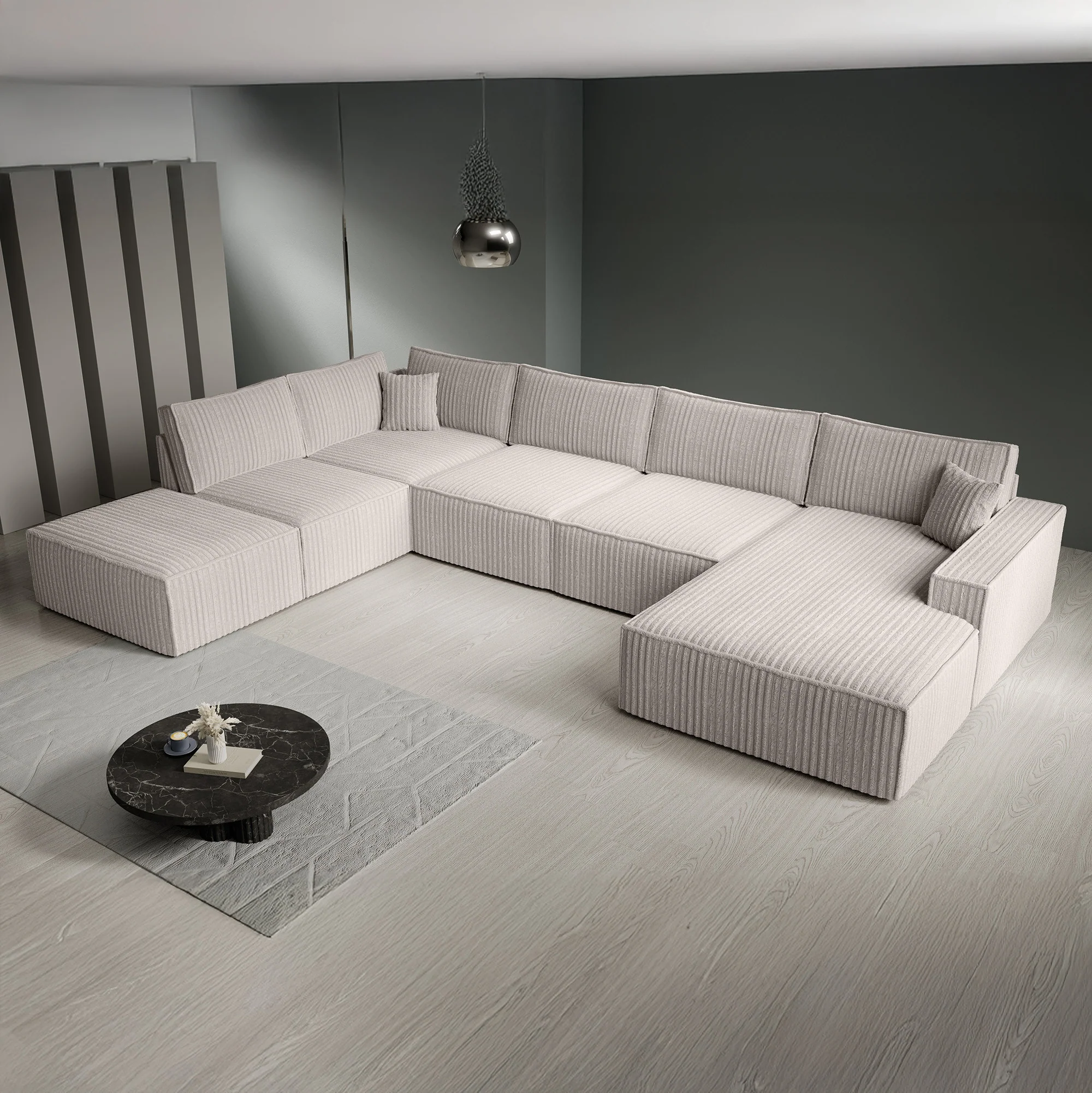 Manolo - Hoekbank 5-zits met chaise longue - Ribstof beige - Rechts - Image 3