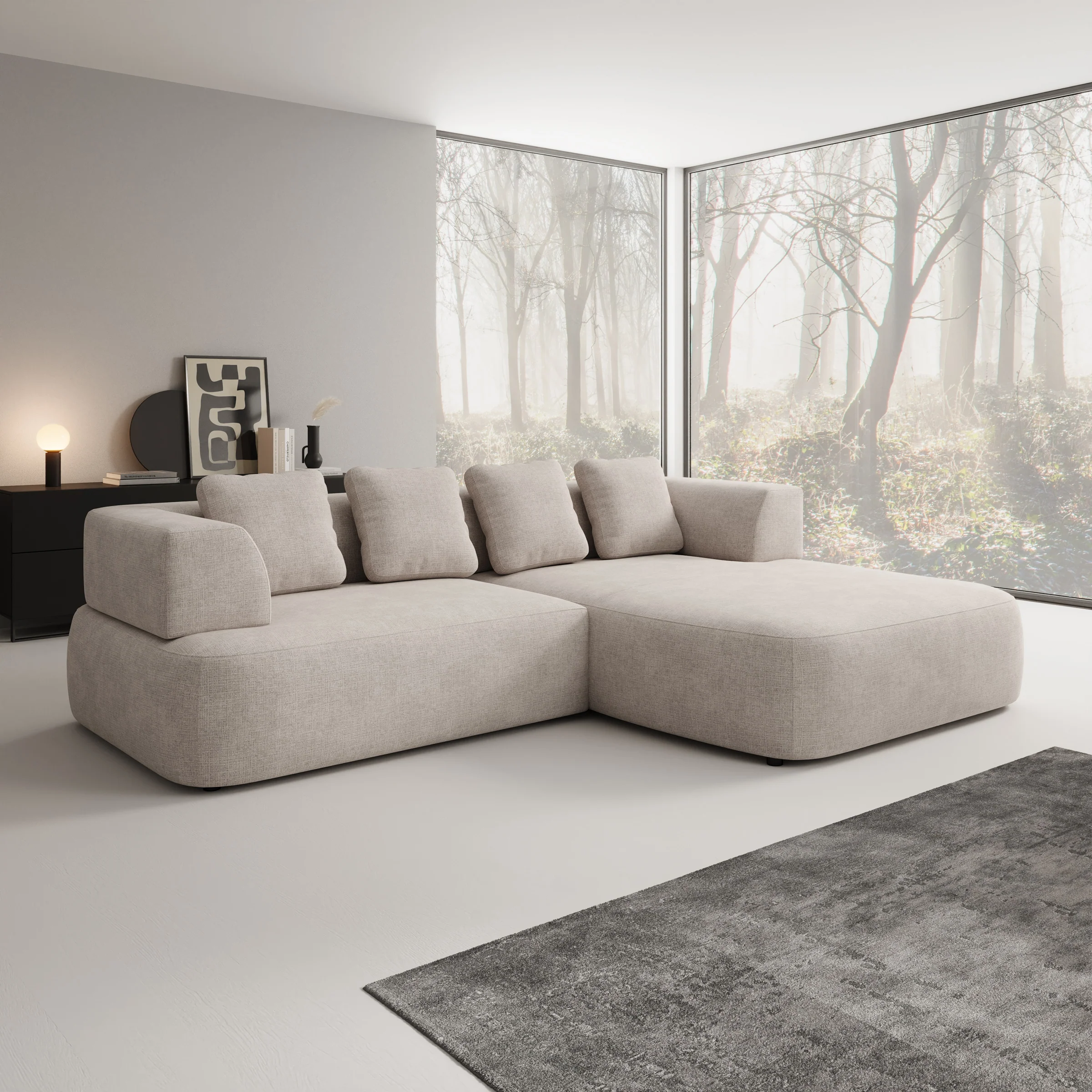 Marcelli - Hoekbank 3-zits met chaise longue - Stof beige - Rechts