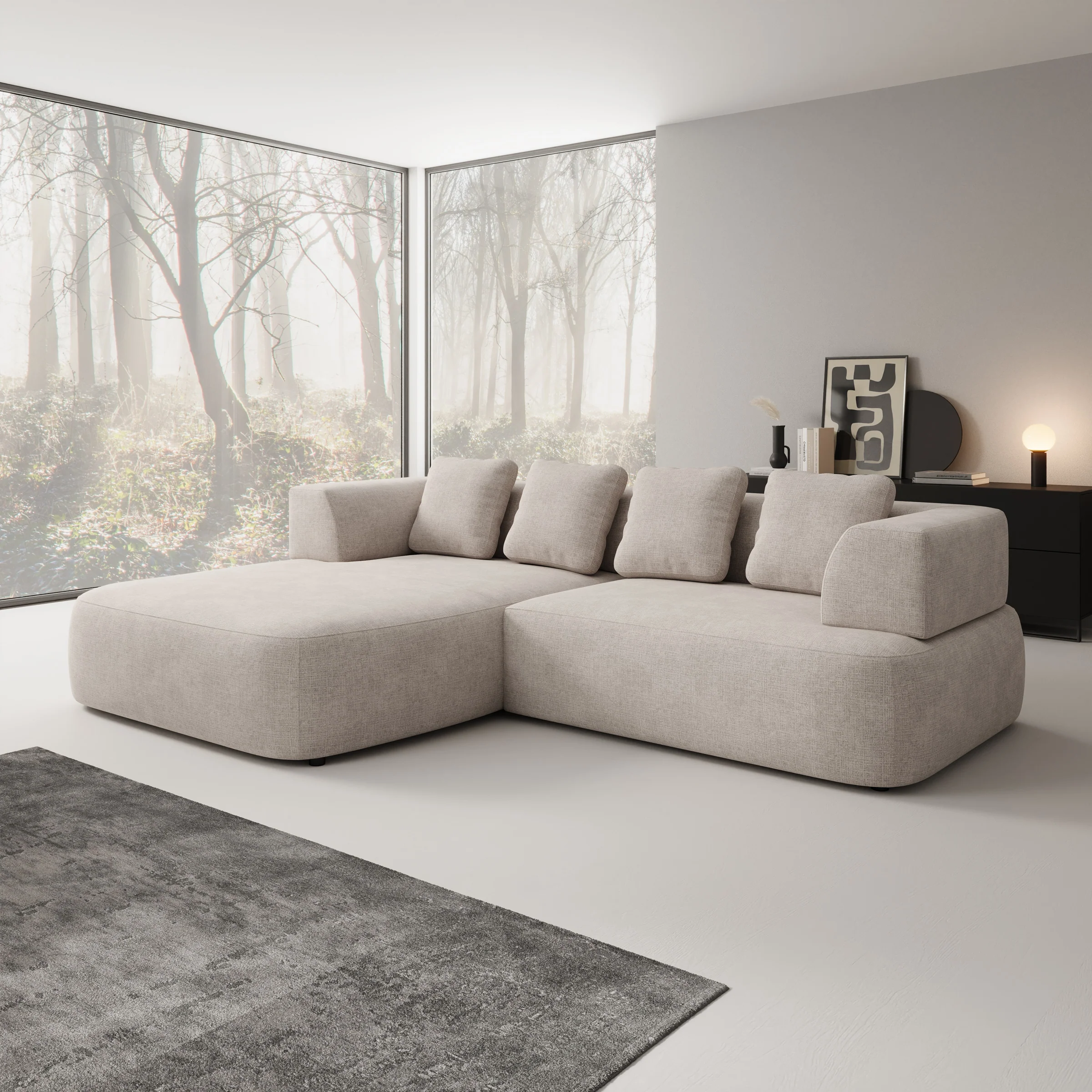 Marcelli - Hoekbank 3-zits met chaise longue - Stof beige - Links