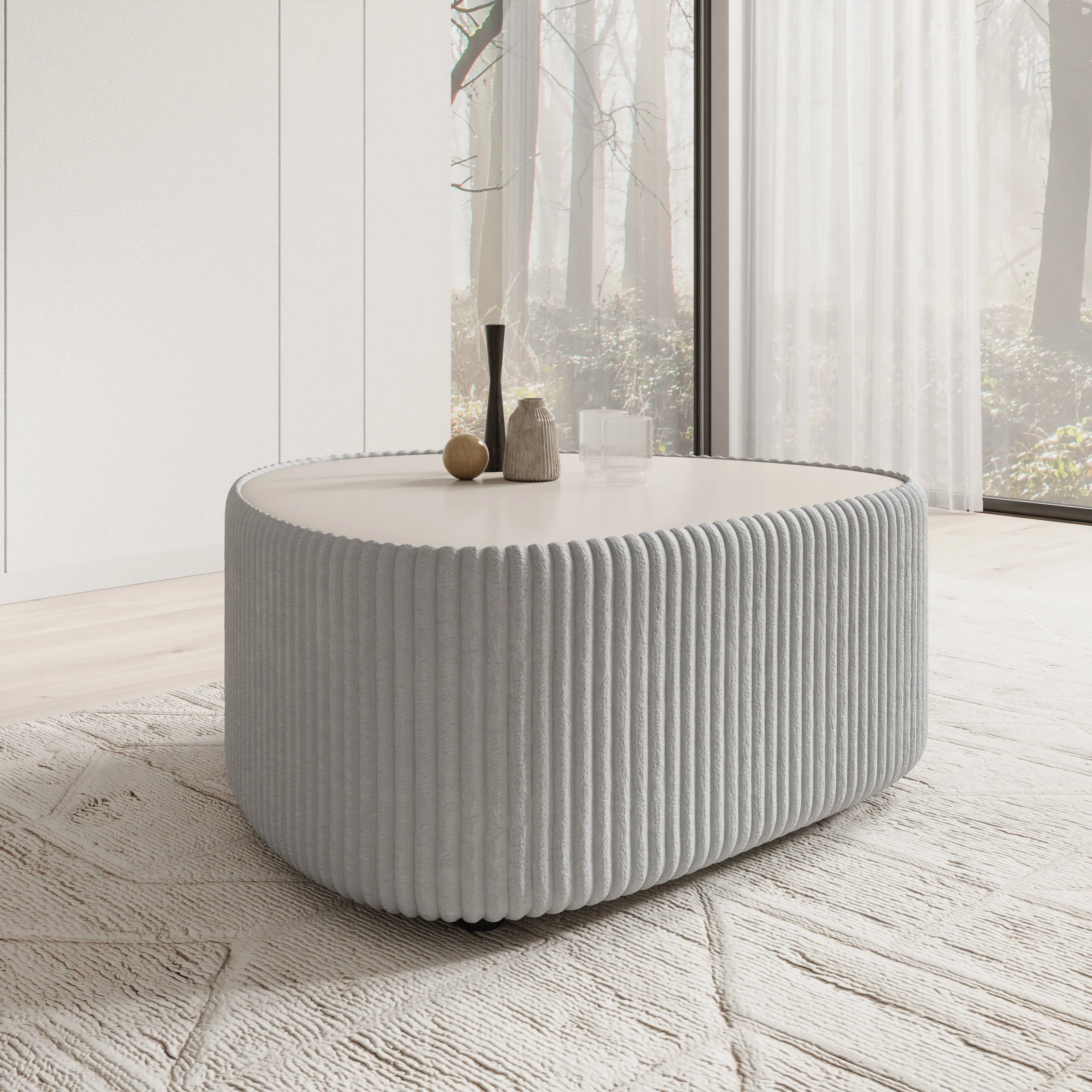 Marlen - Salontafel - Fluffy ribstof grijs - 96x89x42 cm