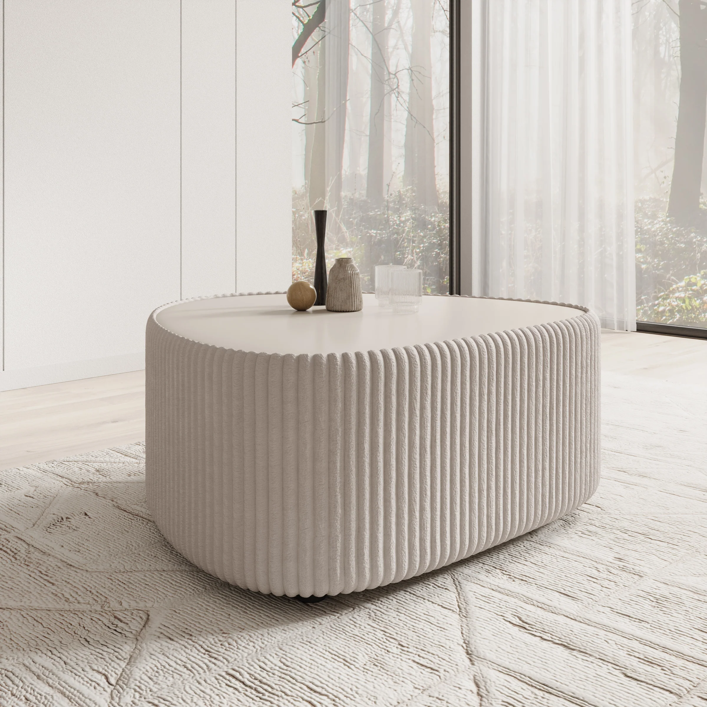 Marlen - Salontafel - Fluffy ribstof wit - 96x89x42 cm