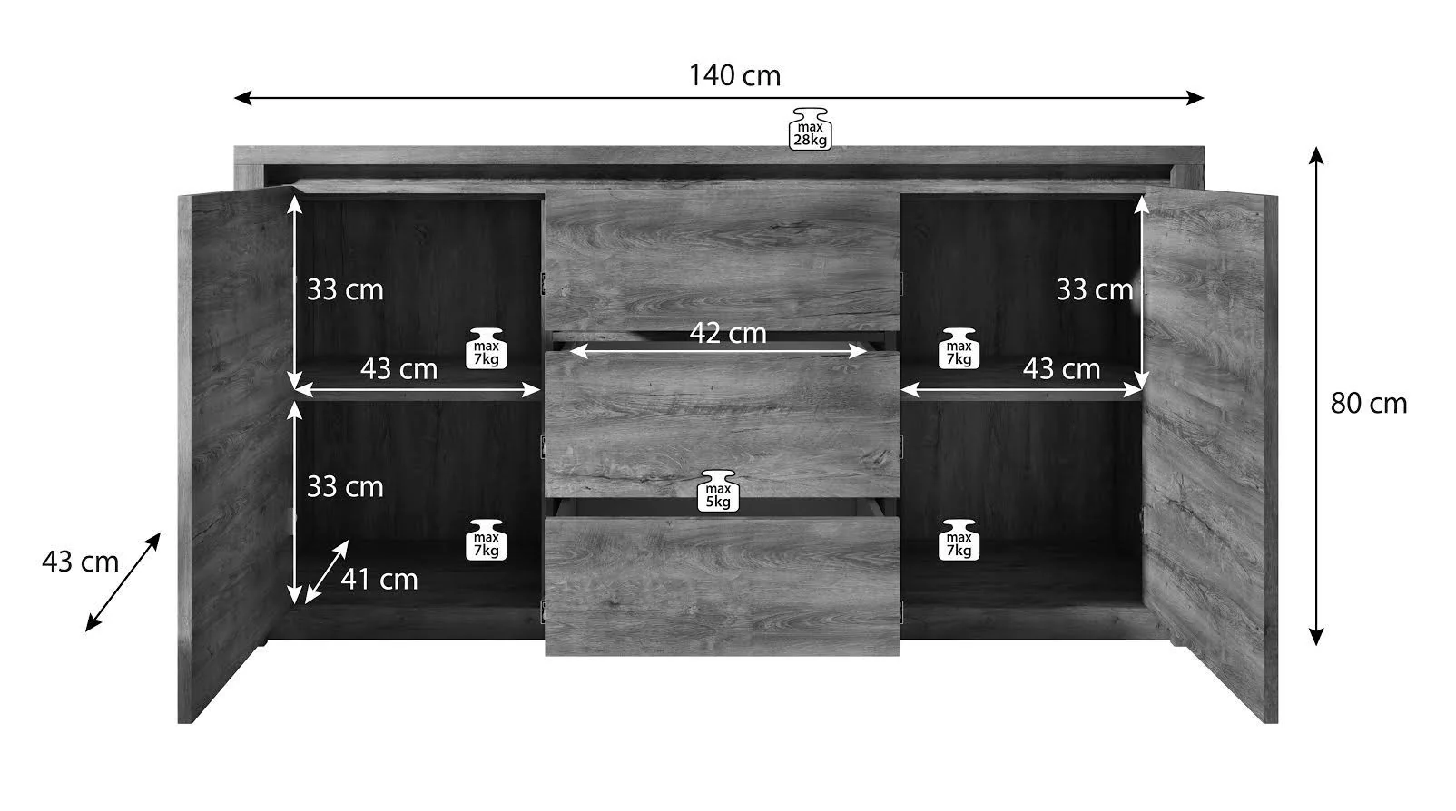 Melody - Dressoir - Wit/eiken - 140x43x80 cm - Image 5