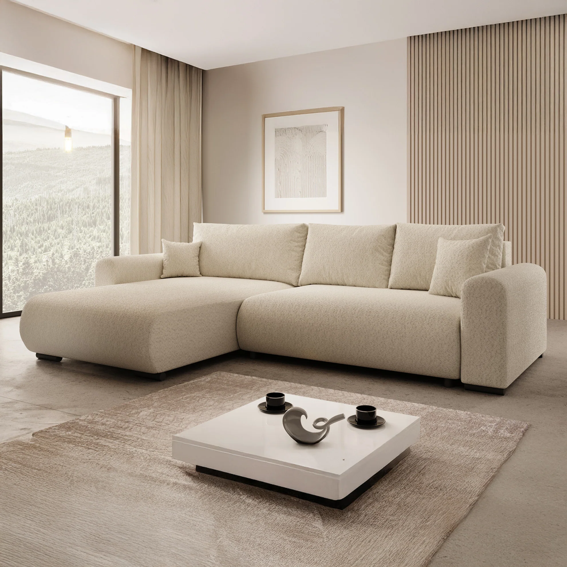 Mindin - Hoekbank 3-zits met chaise longue - Teddystof beige - Universeel
