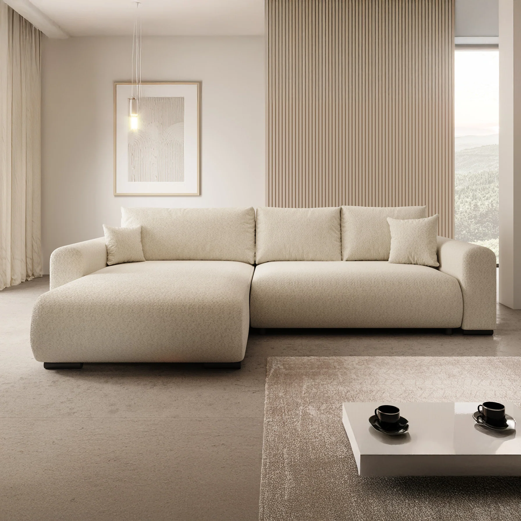 Mindin - Hoekbank 3-zits met chaise longue - Teddystof beige - Universeel - Image 2