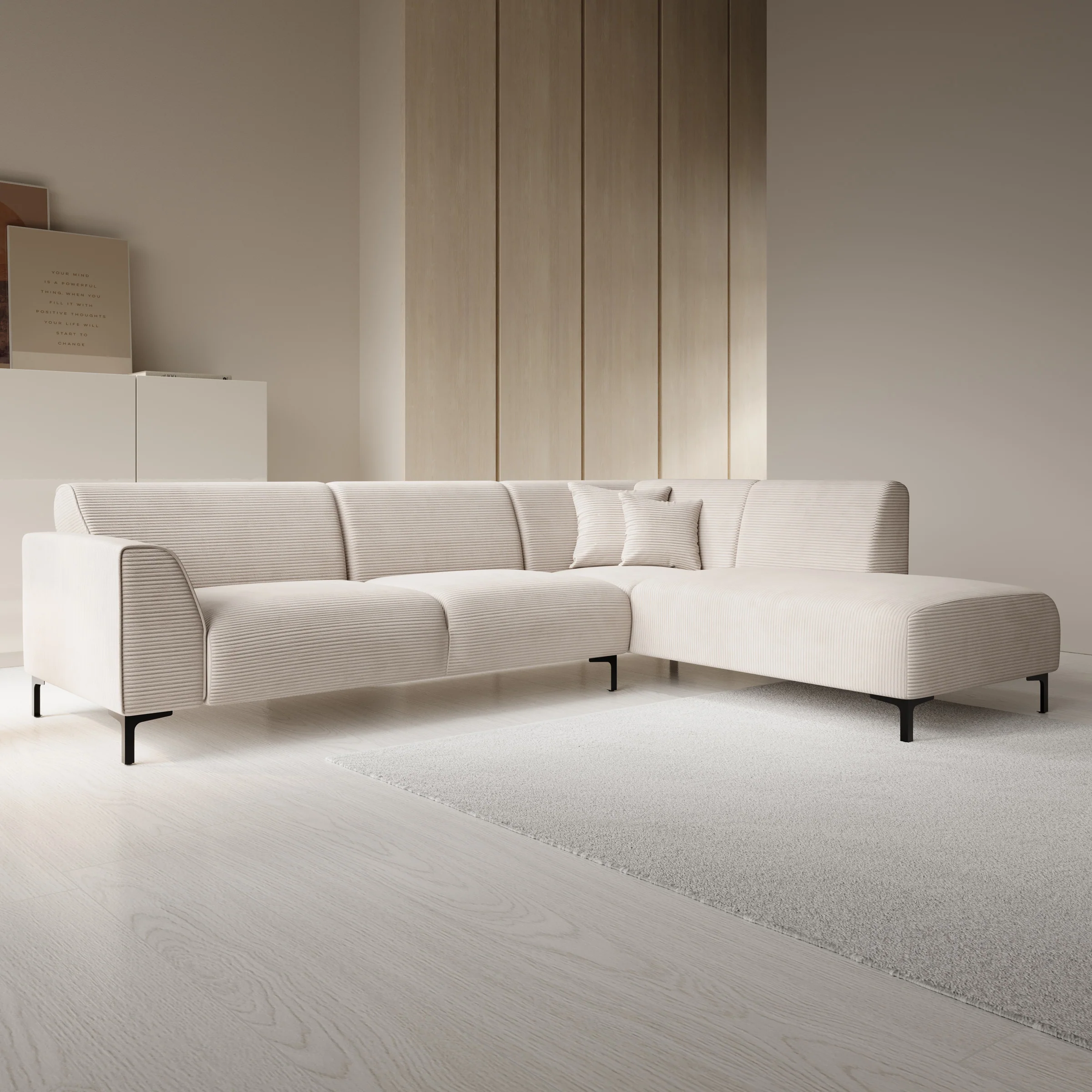 Moana - Hoekbank 4-zits met chaise longue - Ribstof beige - Rechts