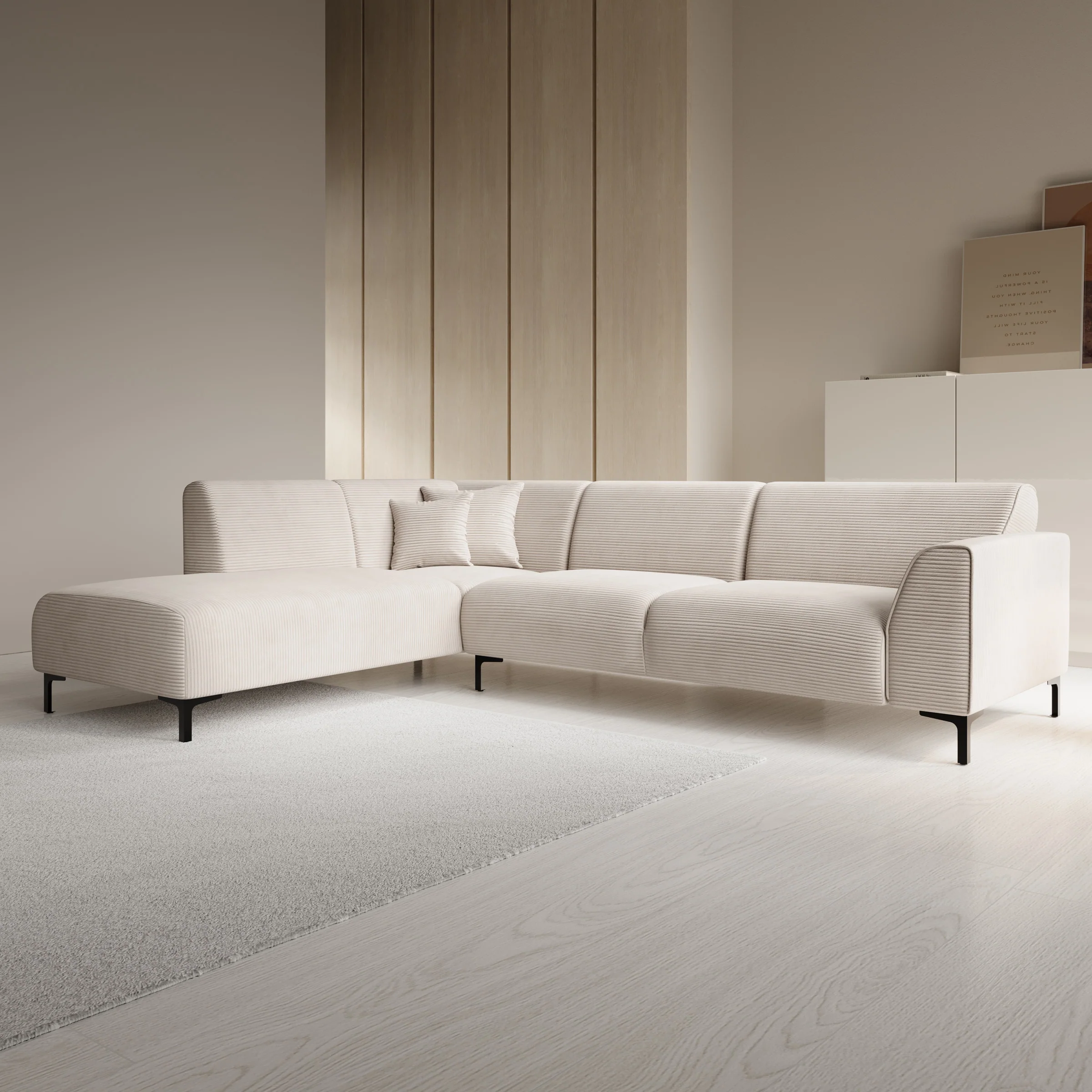 Moana - Hoekbank 4-zits met chaise longue - Ribstof beige - Links