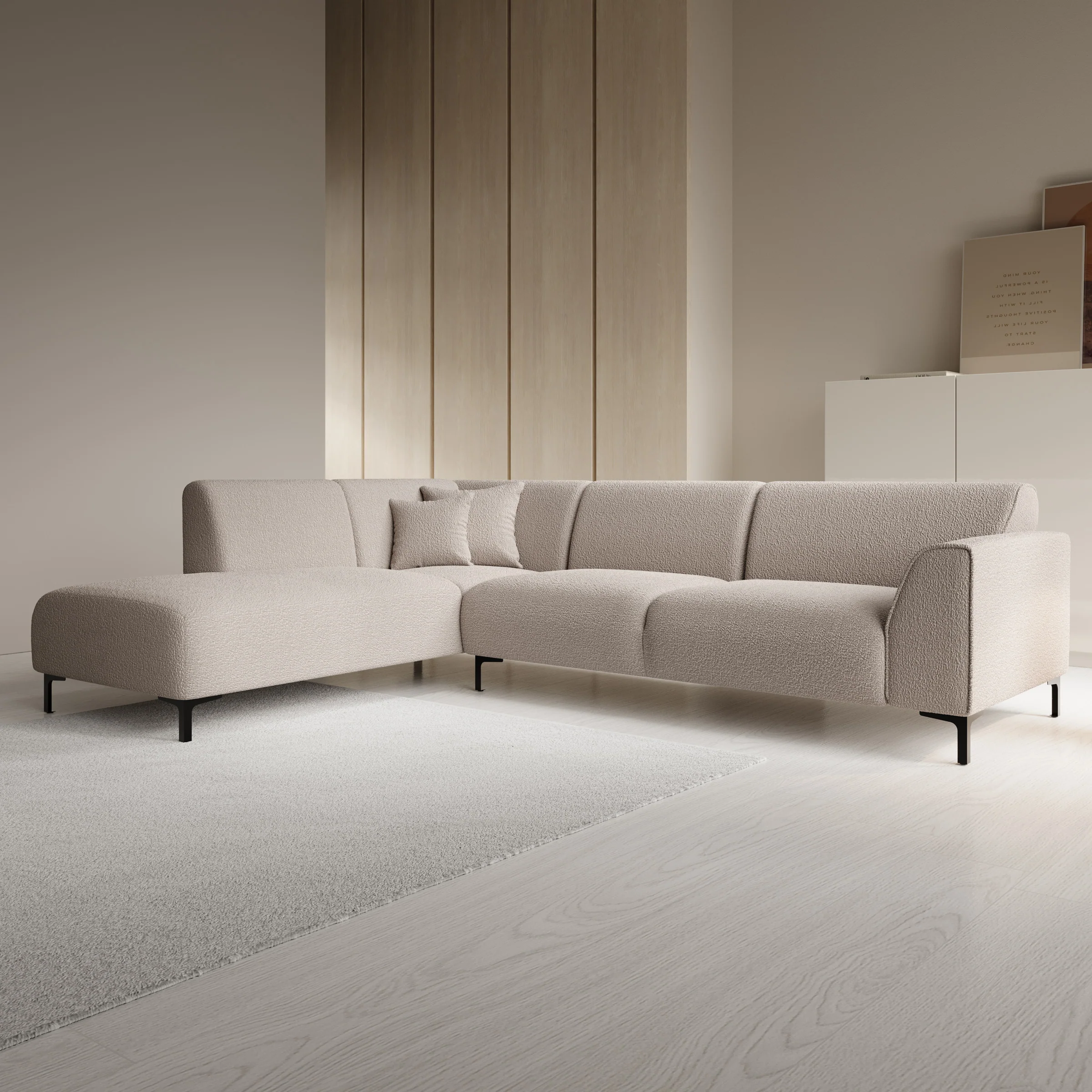 Moana - Hoekbank 4-zits met chaise longue - Teddystof beige - Links