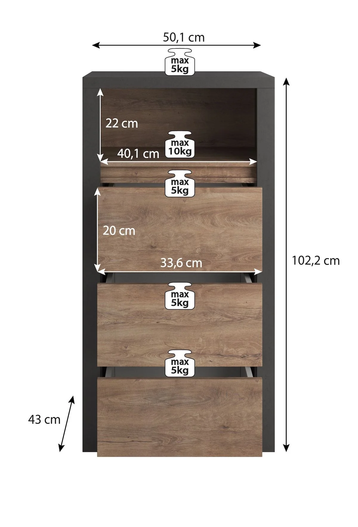 Monaco - Ladekast - Eiken/grijs - 50x43x103 cm - Image 4