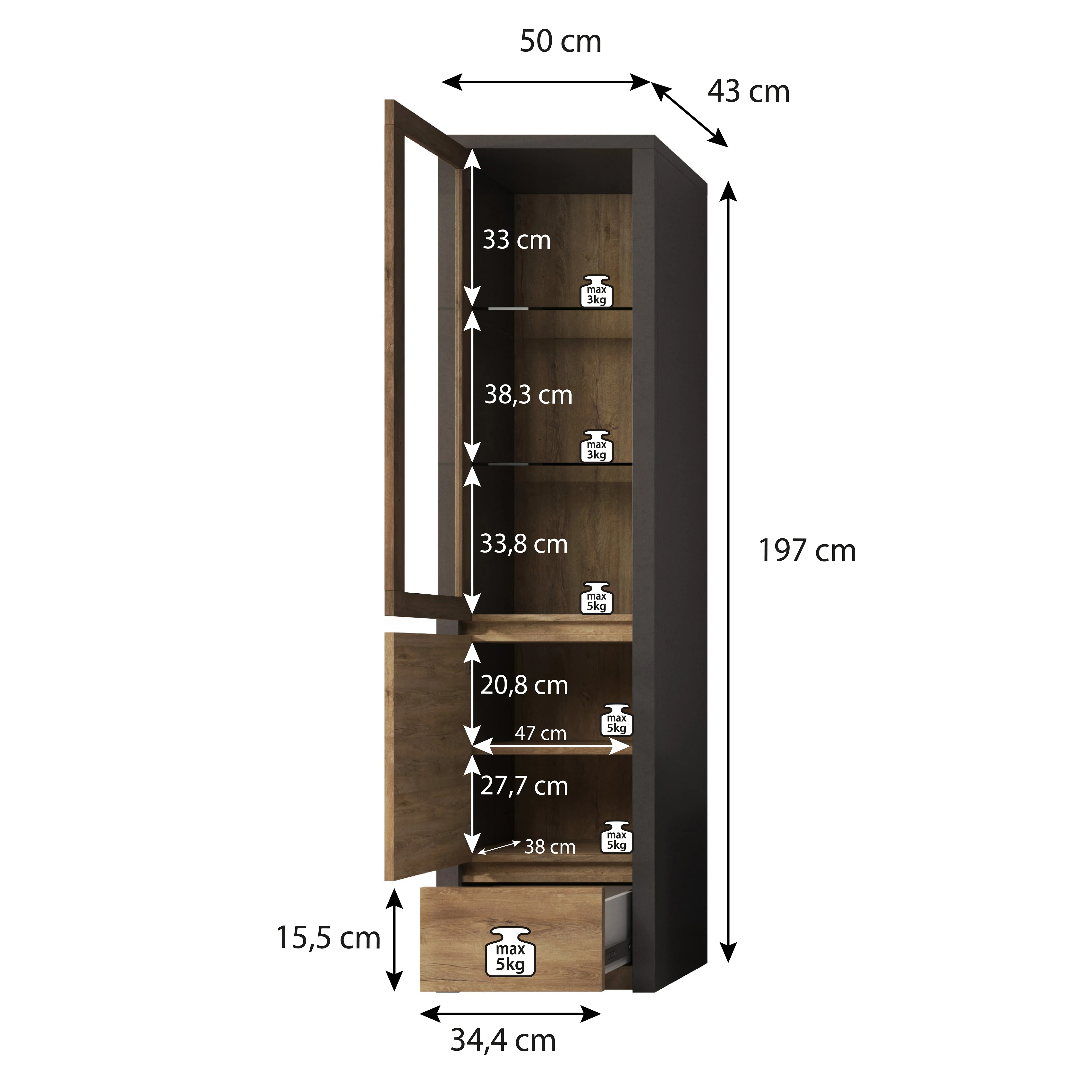 Monaco - Vitrinekast - Eiken/grijs - 50x43x197 cm - Image 5