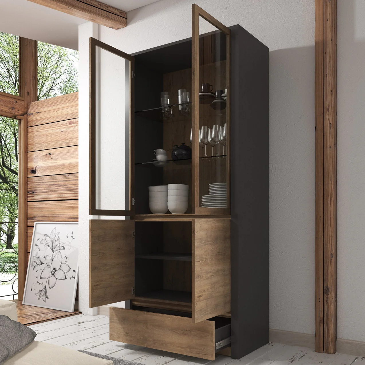 Monaco - Vitrinekast - Eiken/grijs - 90x43x197 cm - Image 2