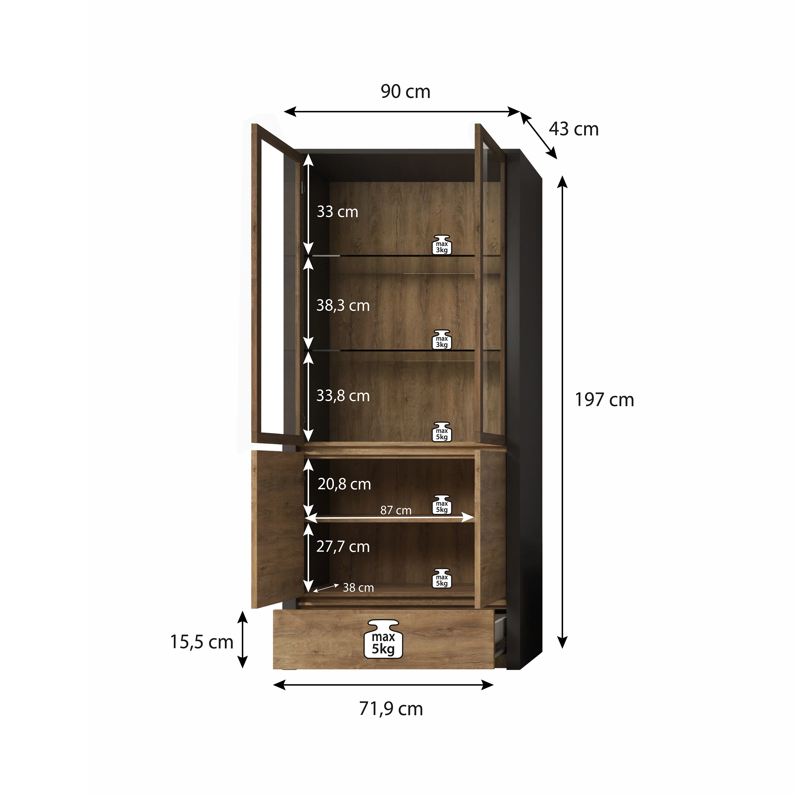 Monaco - Vitrinekast - Eiken/grijs - 90x43x197 cm - Image 5