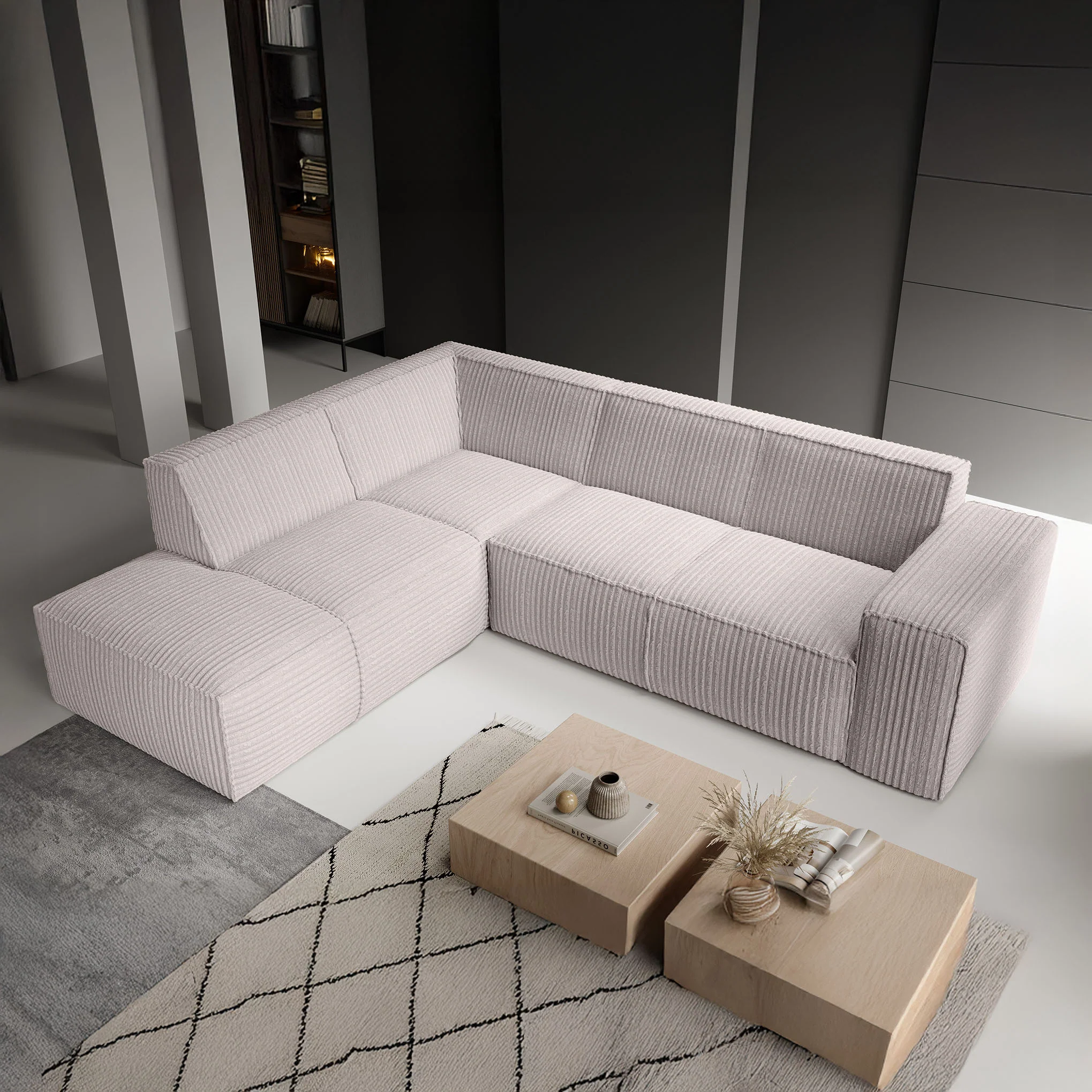Monet - Hoekbank 4-zits met chaise longue - Fluffy ribstof beige - Links - Image 3