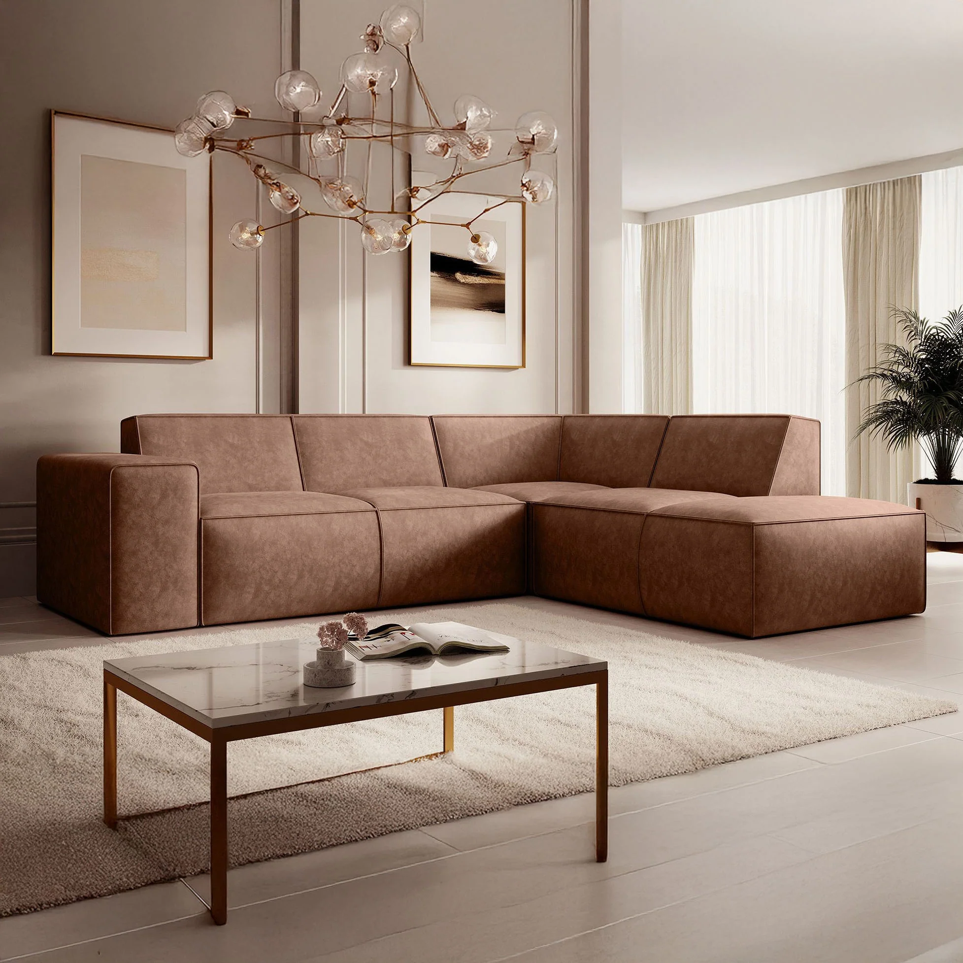 Monet - Hoekbank 4-zits met chaise longue - Kunstleer cognac - Rechts