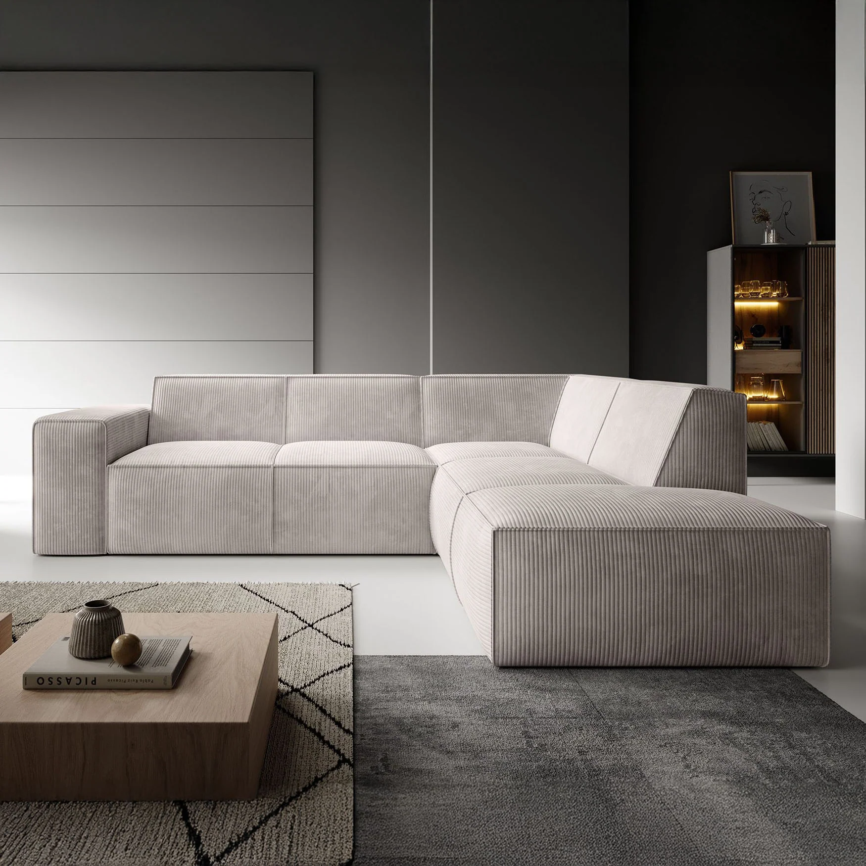 Monet - Hoekbank 4-zits met chaise longue - Ribstof beige - Rechts - Image 2