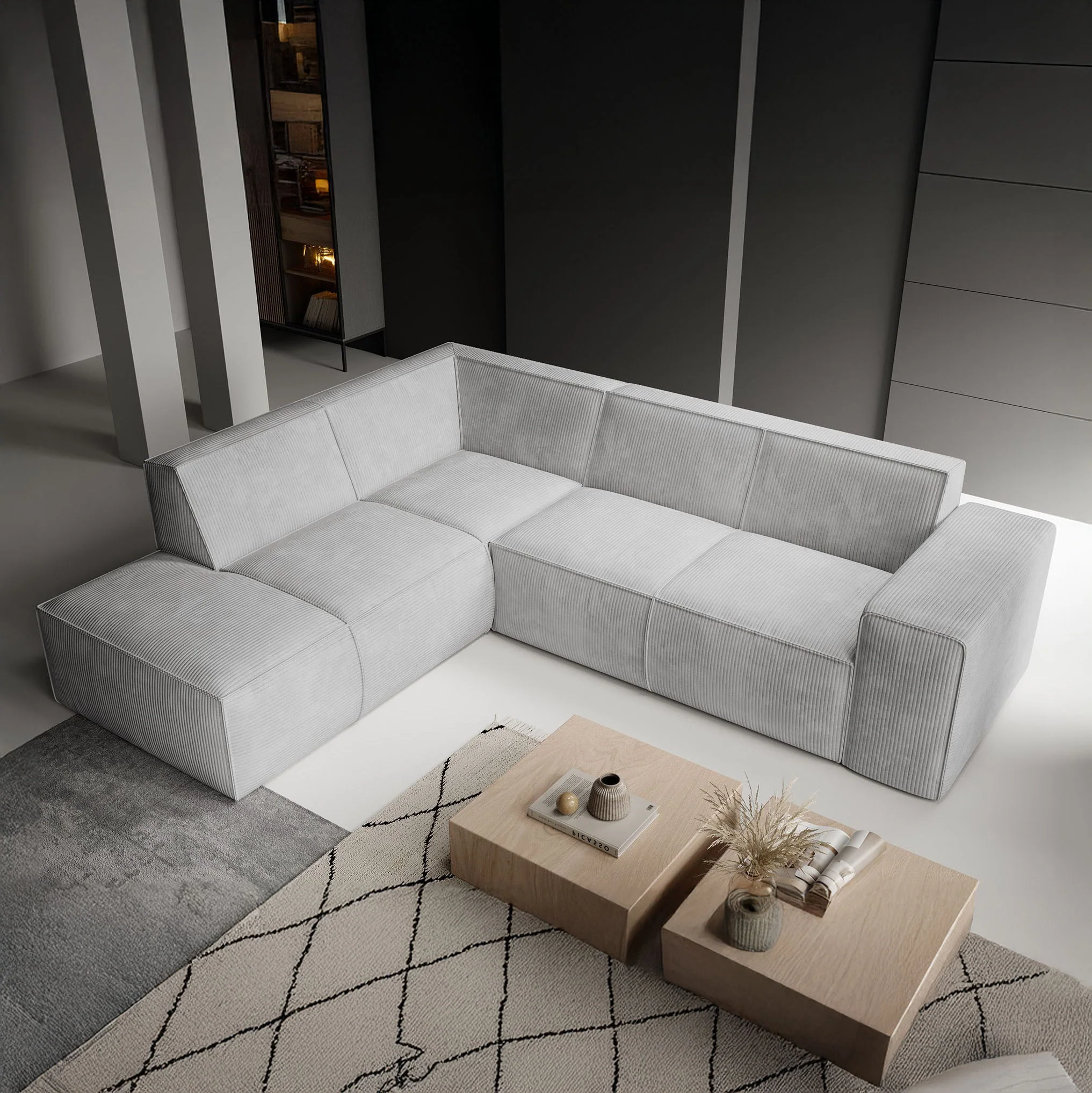 Monet - Hoekbank 4-zits met chaise longue - Ribstof grijs - Links - Image 3