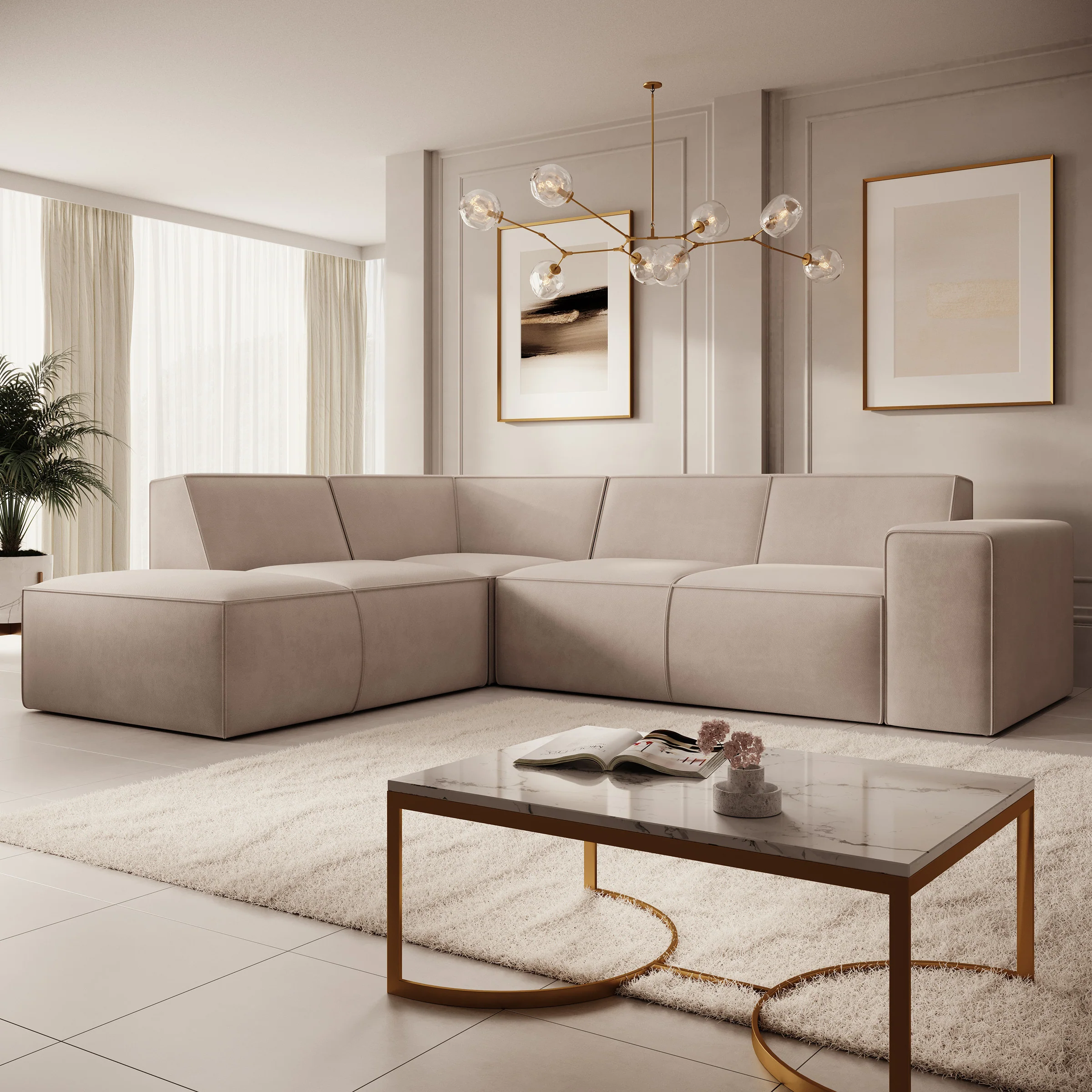 Monet - Hoekbank 4-zits met chaise longue - Stof beige - Links - 261x216x80 cm