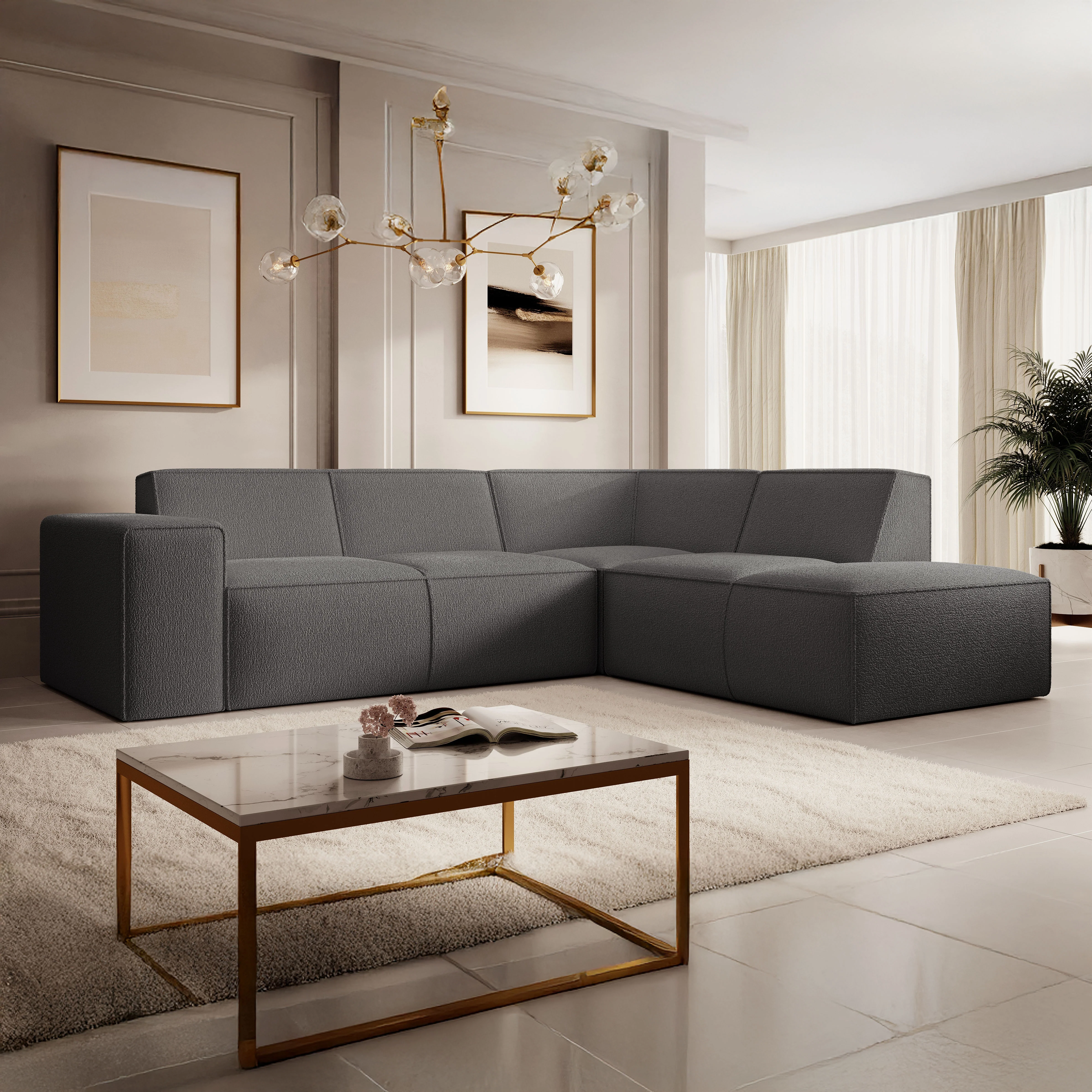 Monet - Hoekbank 4-zits met chaise longue - Teddystof grijs - Rechts