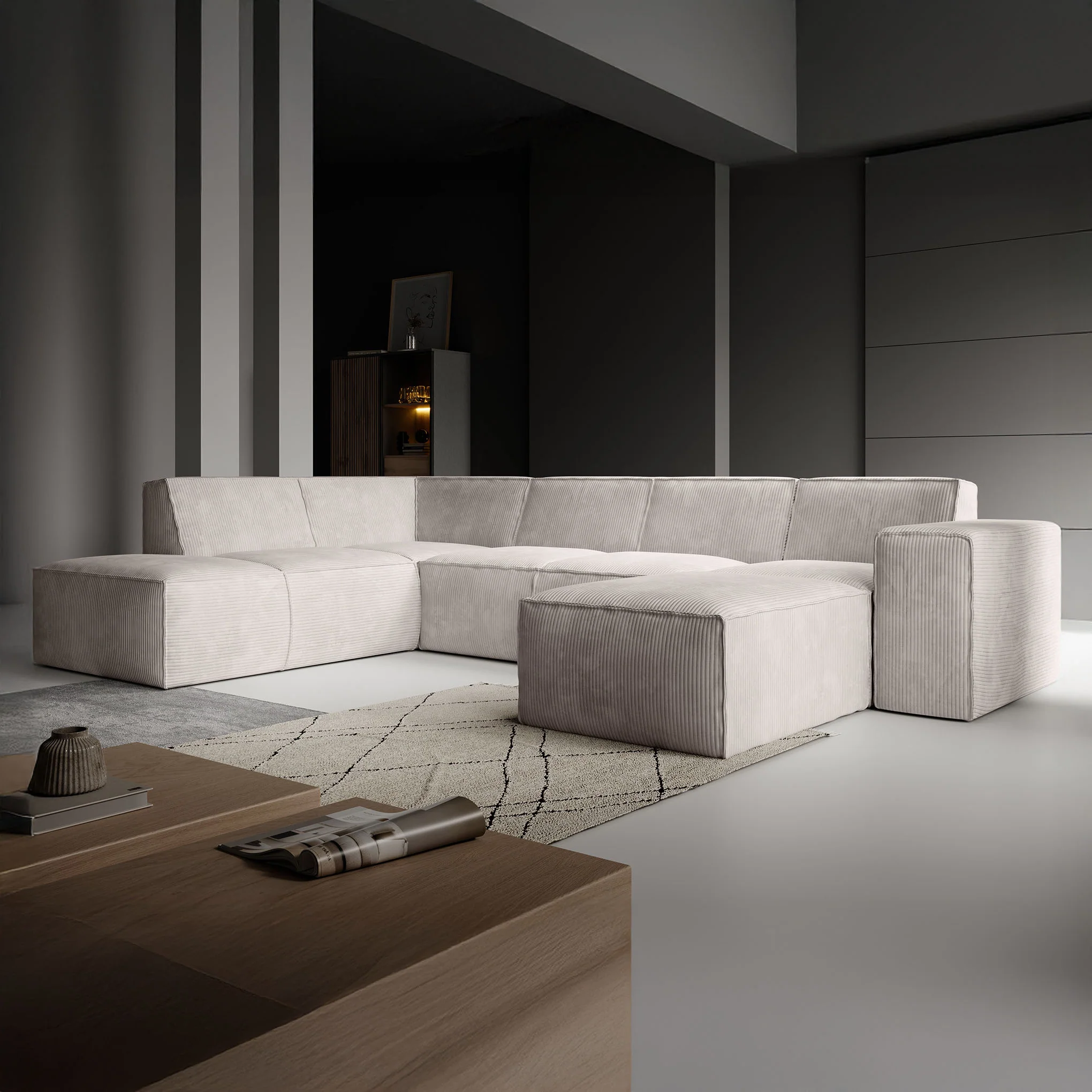 Monet XL - Hoekbank 5-zits met chaise longue - Ribstof beige - Rechts