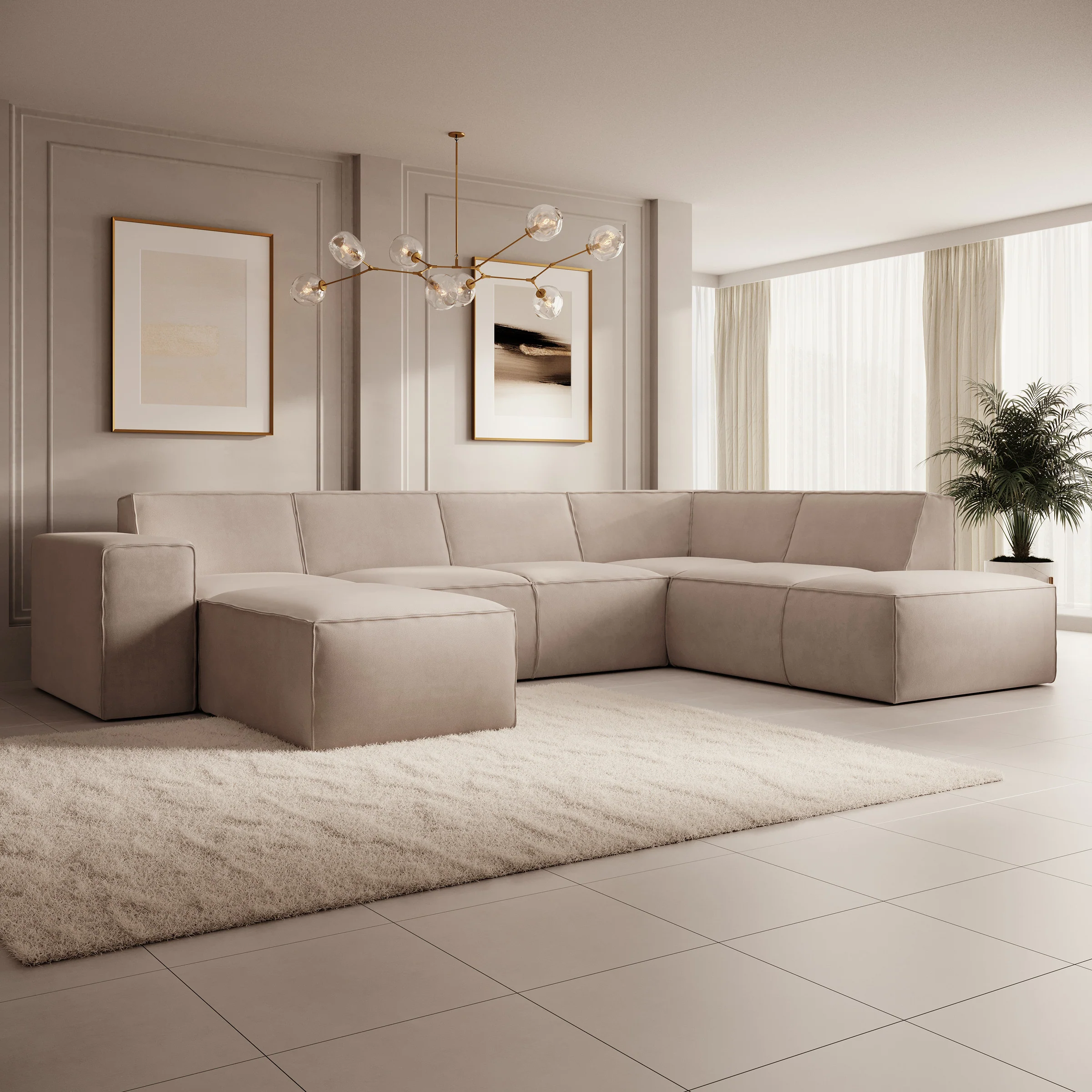 Monet XL - Hoekbank 5-zits met chaise longue - Stof beige - Links  334x216x79 cm