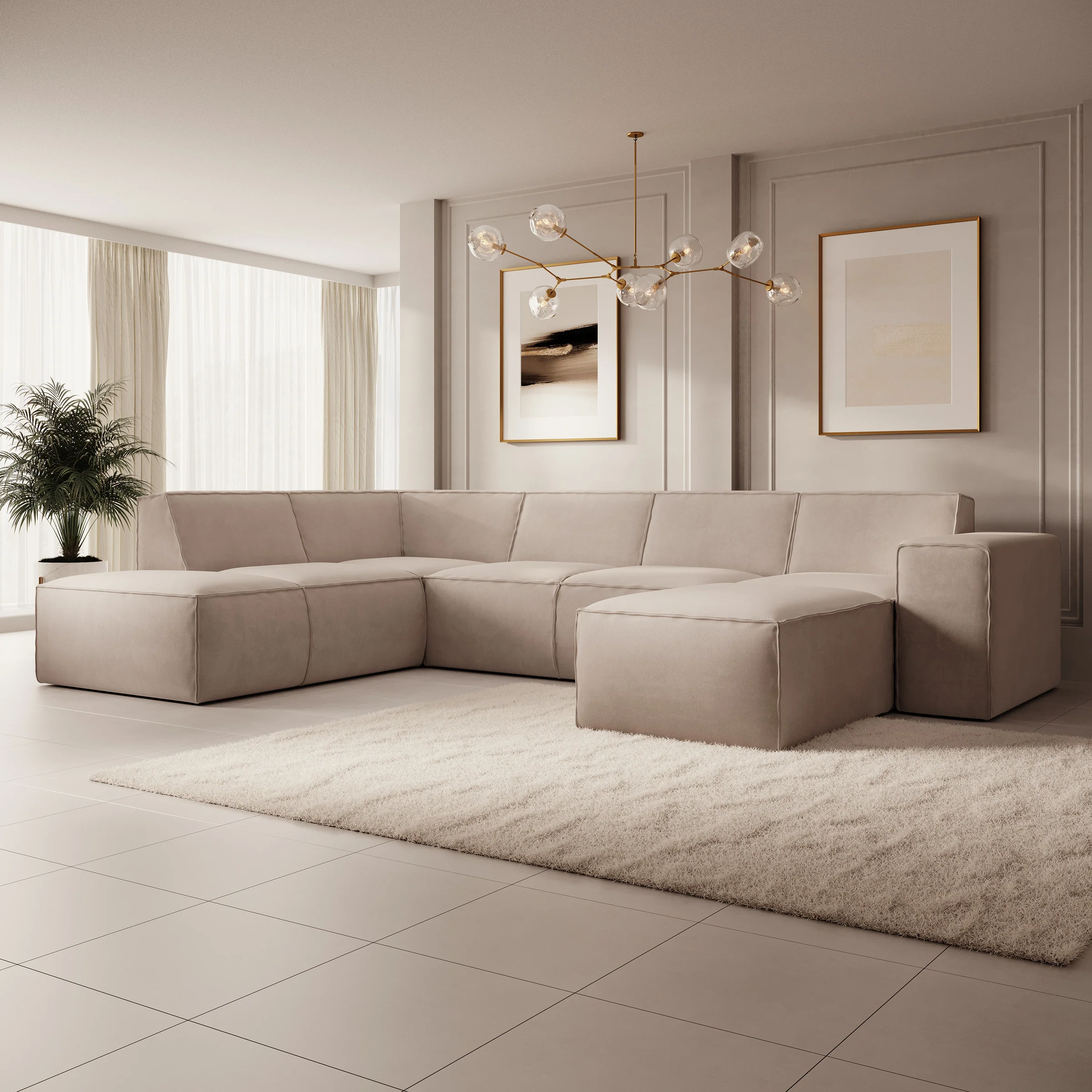 Monet XL - Hoekbank 5-zits met chaise longue - Stof beige - Rechts - 334x216x79 cm