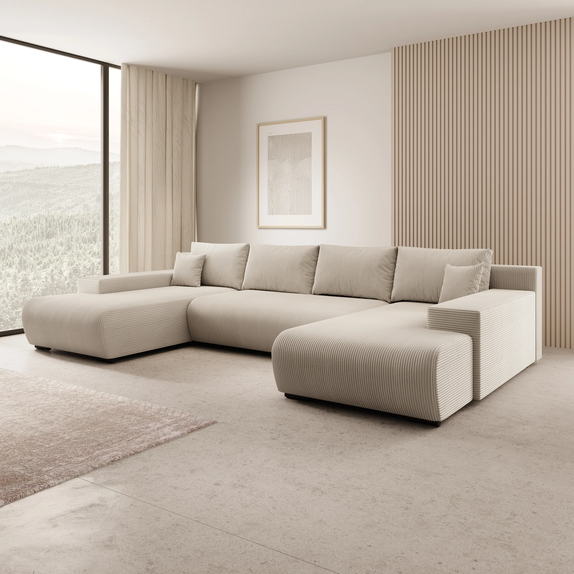 Wincan - Hoekbank 4-zits met chaise longue - Ribstof beige - Universeel