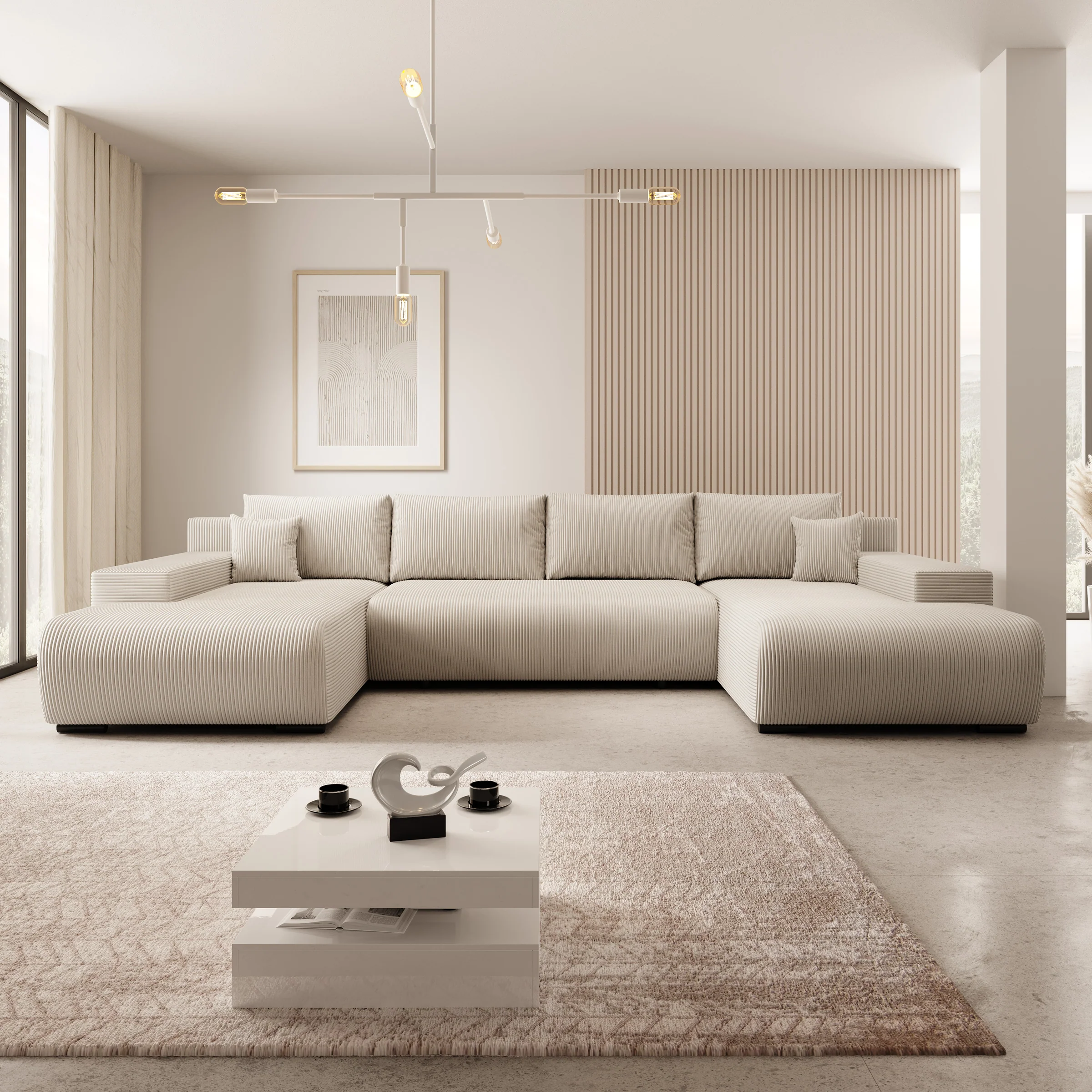 Wincan - Hoekbank 4-zits met chaise longue - Ribstof beige - Universeel - Image 2