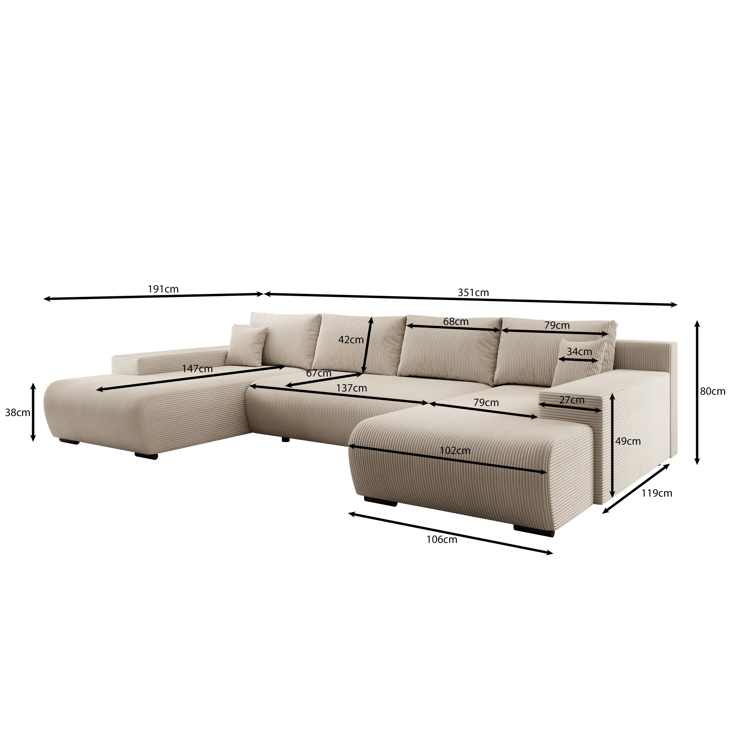Wincan - Hoekbank 4-zits met chaise longue - Ribstof beige - Universeel - Image 3