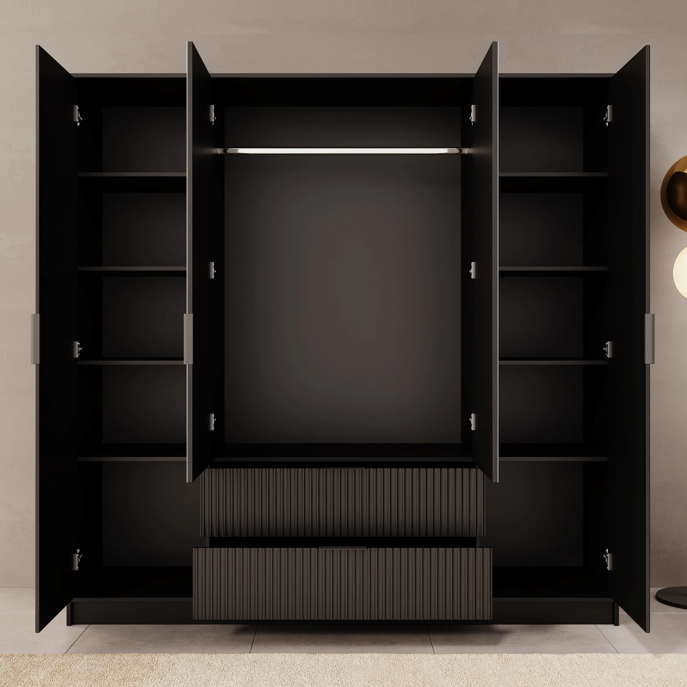 Negroni - Kledingkast 4 deurs - Zwart - 200x51x200 cm - Image 2