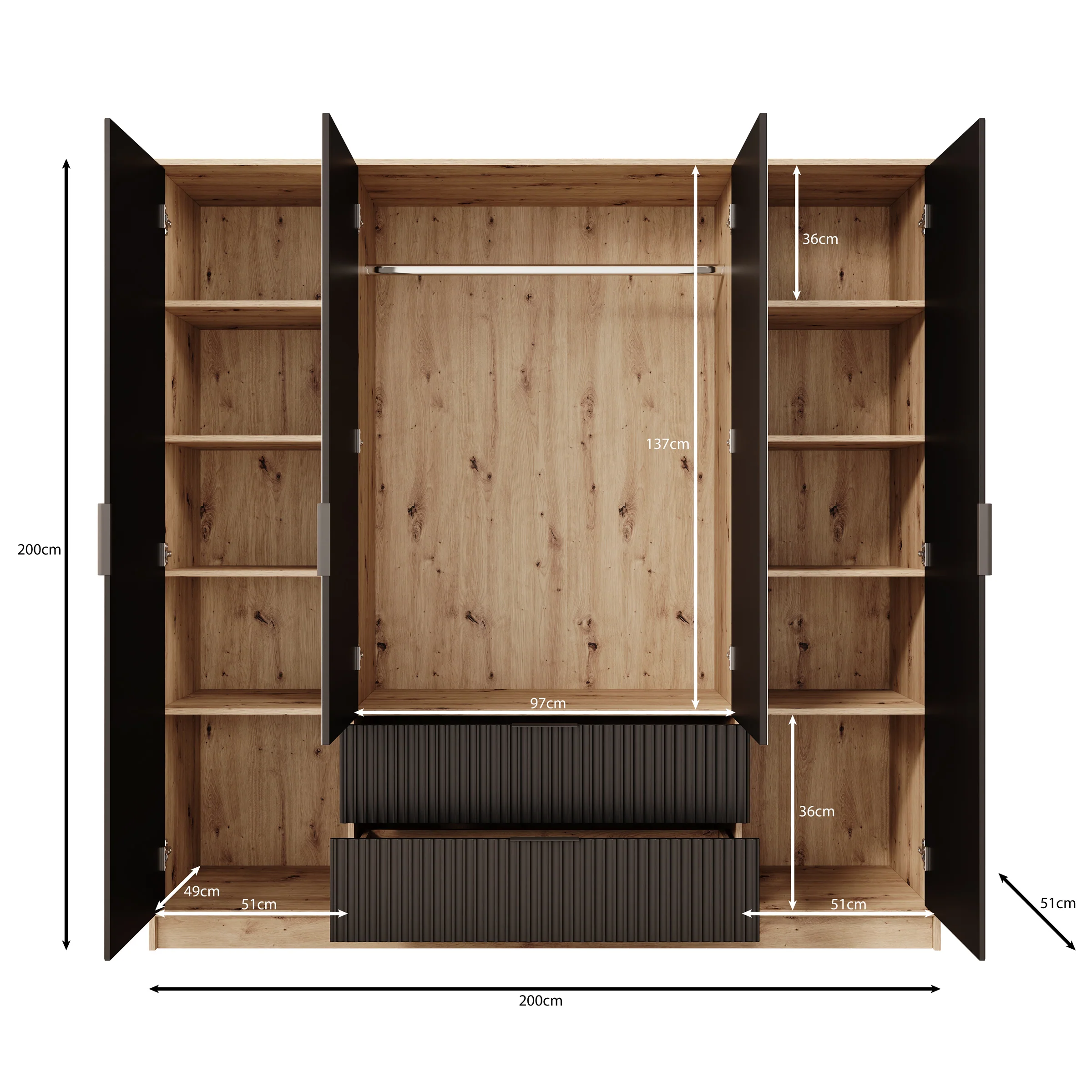 Negroni - Kledingkast 4 deurs - Zwart - 200x51x200 cm - Image 5