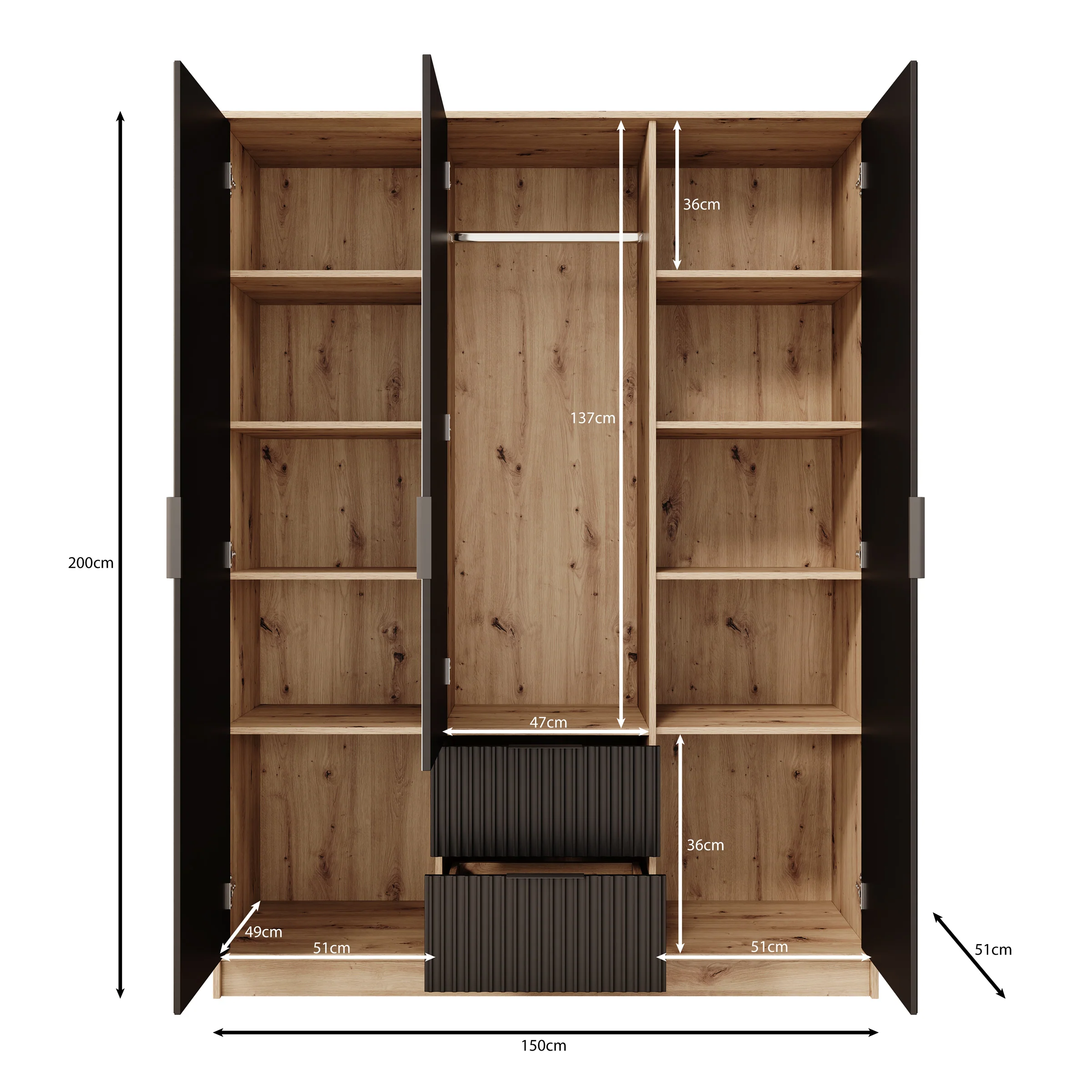 Negroni - Kledingkast met 3 deuren - Zwart - 150x51x200 cm - Image 5