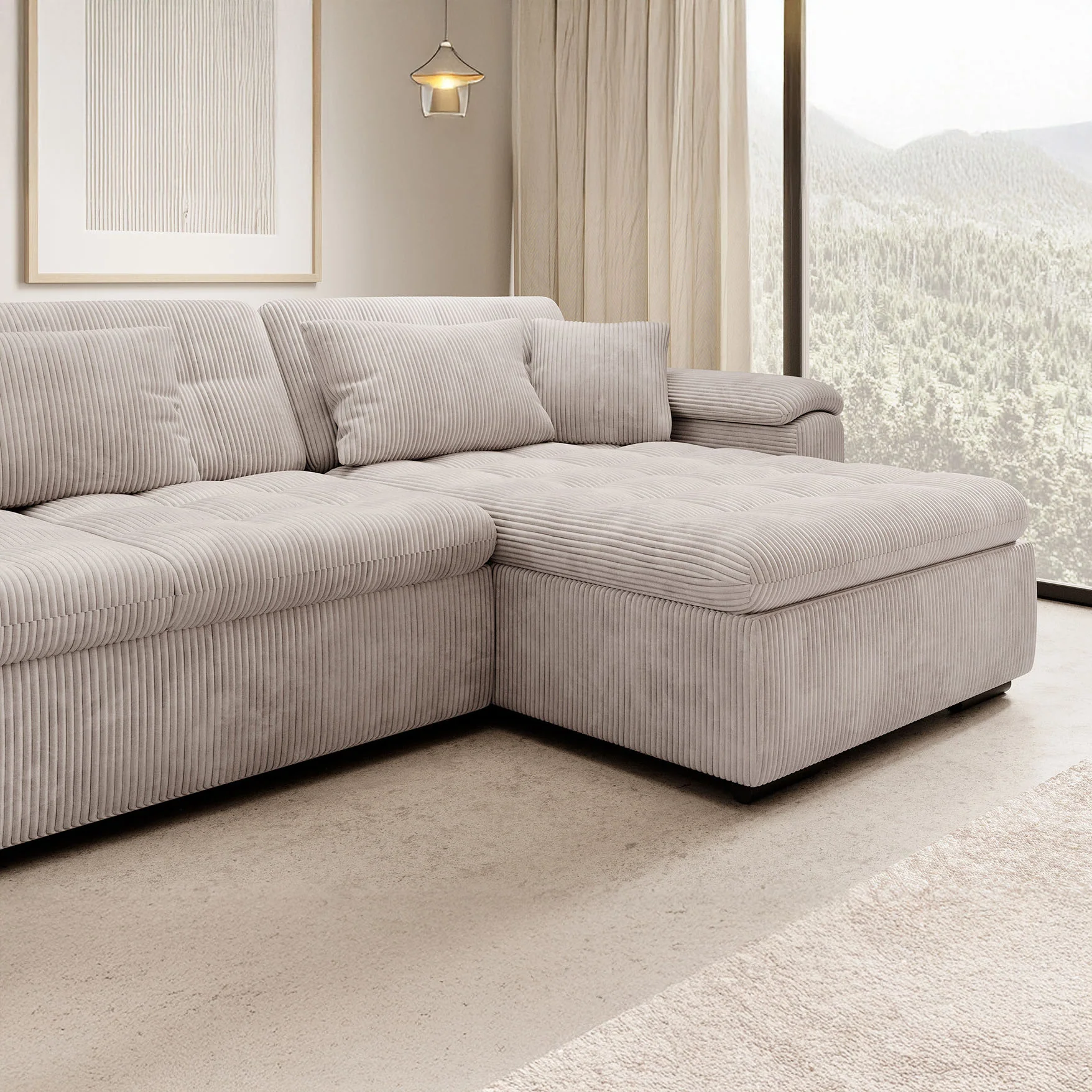Nicoreta - Hoekbank 5-zits met chaise longue - Ribstof beige - Rechts - Image 3